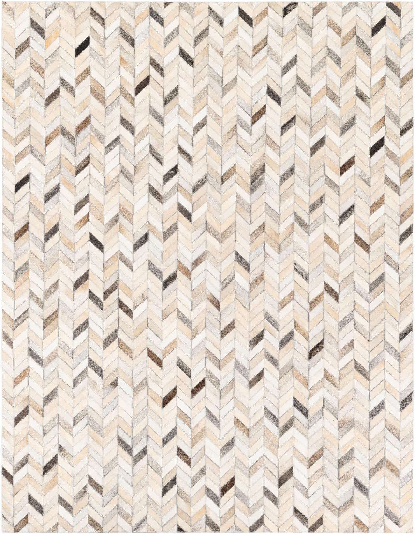 A 5x7 rectangular cowhide rug featuring a modern chevron pattern in various natural shades of cream, beige, brown, and black.