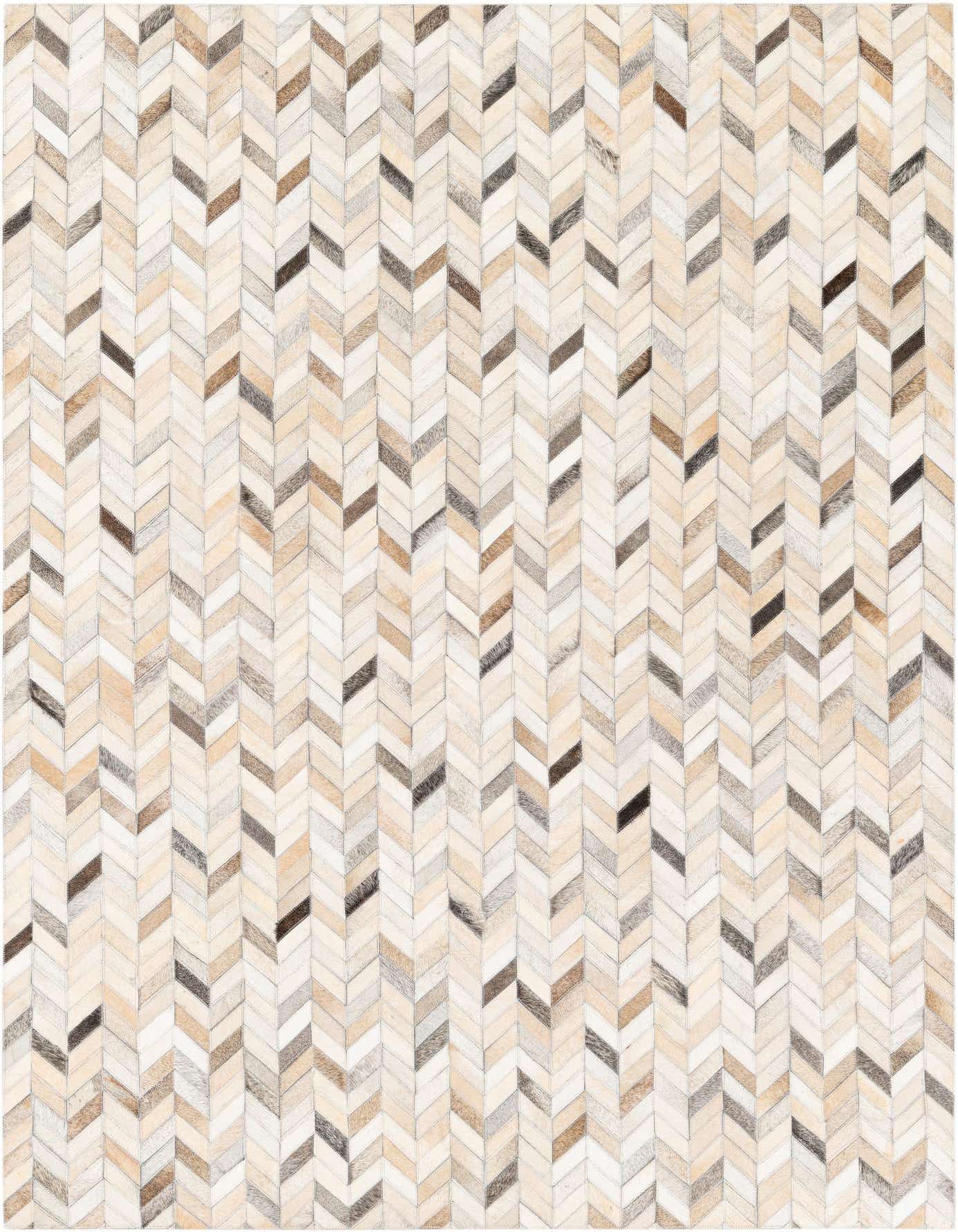A 5x7 rectangular modern cowhide rug featuring a multi-colored chevron pattern in shades of cream, beige, brown, and gray.