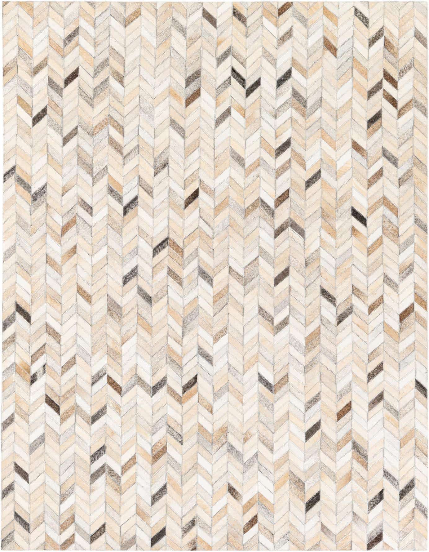 A 5x7 rectangular Cowhide Stocks rug by Rugs.com, featuring a modern chevron pattern in multi-colored natural cowhide and leather.