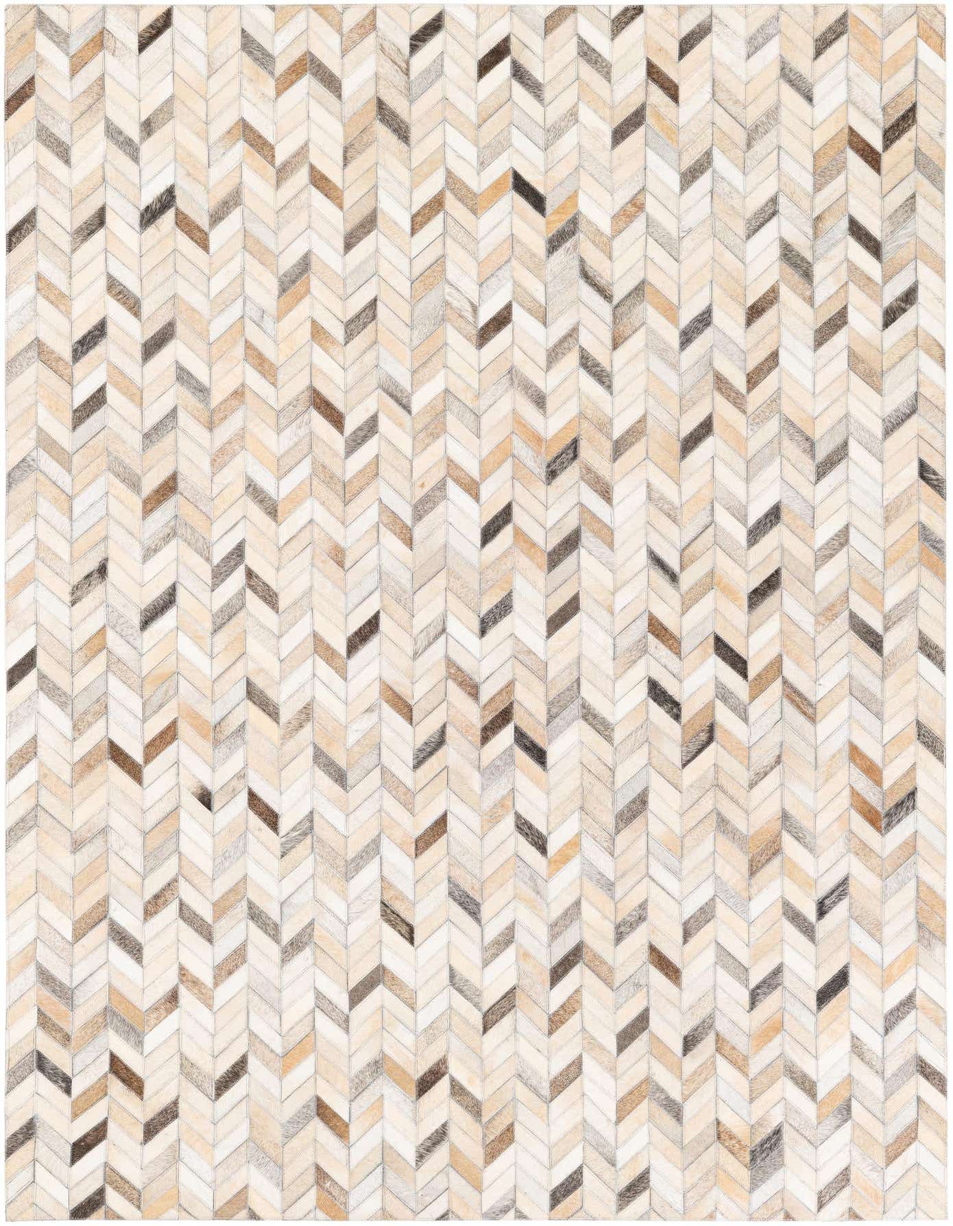 A 5x7 rectangular multi-colored cowhide rug featuring a modern chevron pattern in shades of brown, beige, and cream.