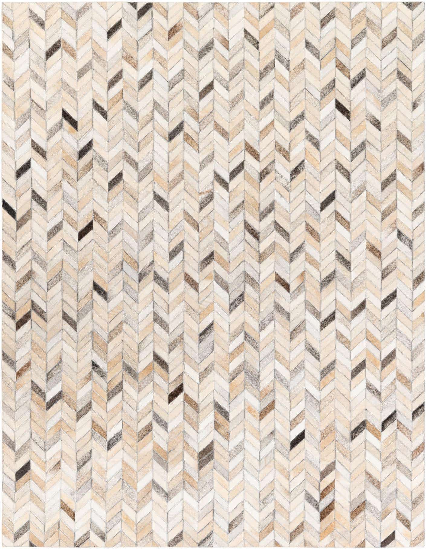 A 5x7 rectangular modern cowhide rug featuring a multi-colored chevron pattern in shades of cream, beige, brown, and grey.