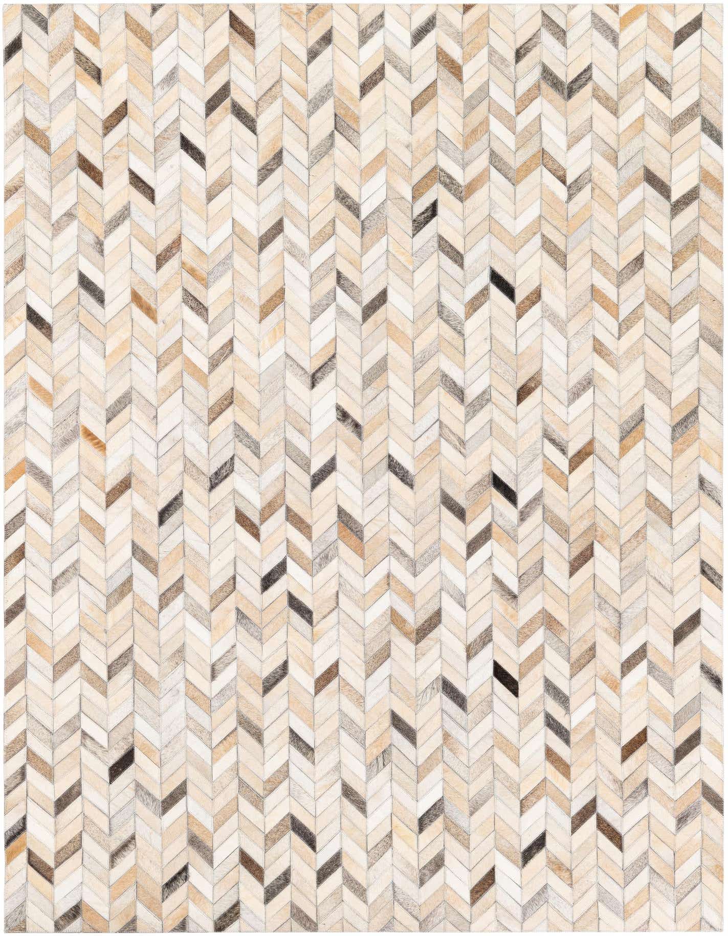 A 5x7 rectangular Cowhide Stocks rug featuring a modern chevron pattern in multi-colored natural cowhide and leather.