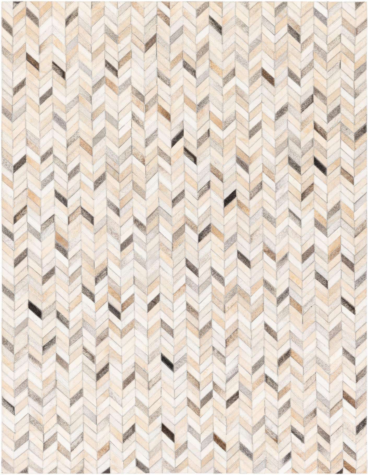 A 5x8 rectangular Cowhide Stocks rug by Rugs.com, featuring a modern chevron pattern in multi-colored natural cowhide and leather.