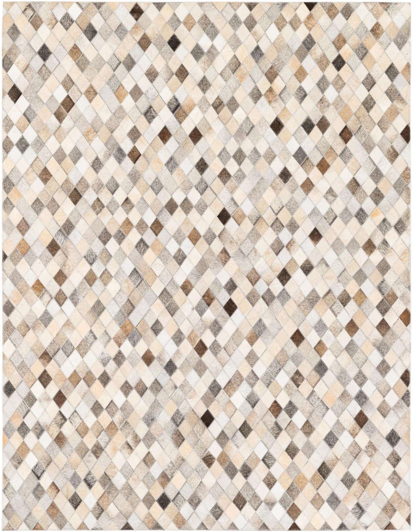 A 5x7 rectangular multi-colored cowhide rug featuring a modern diamond patchwork pattern in various shades of brown, beige, and cream.