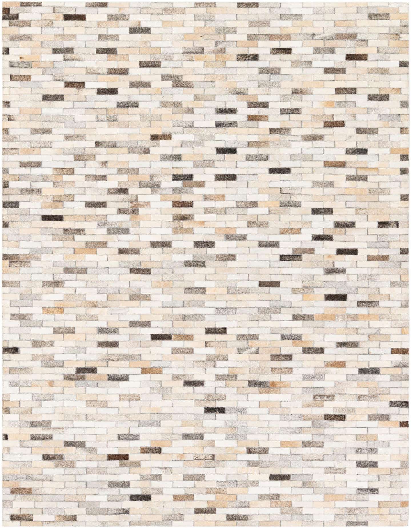 A 5x7 rectangular Cowhide Stocks rug featuring a modern stripe pattern with multi-colored patches of natural cowhide and leather.