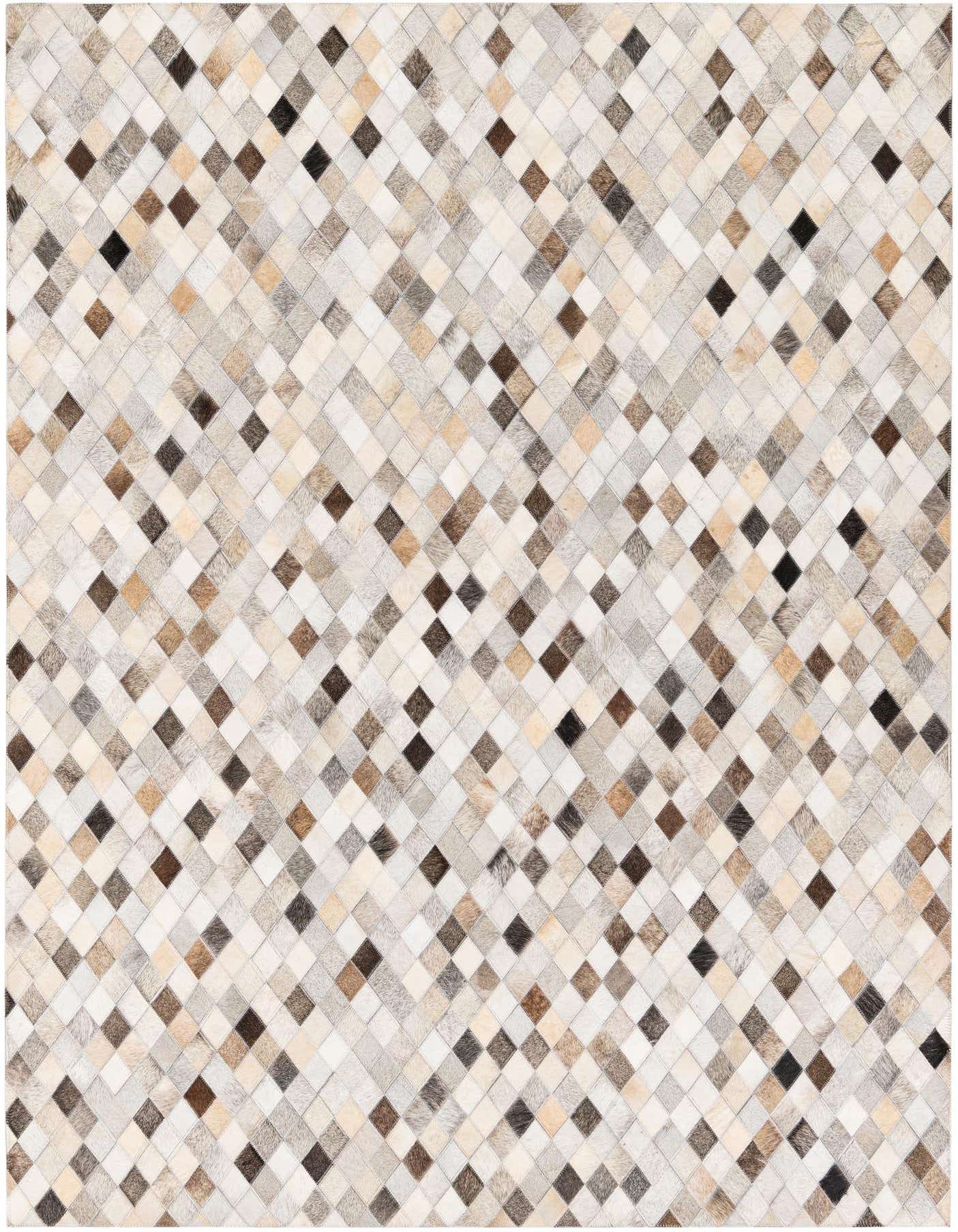 A 5x7 rectangular Cowhide Stocks rug featuring a modern diamond pattern in multi-colored natural cowhide and leather.