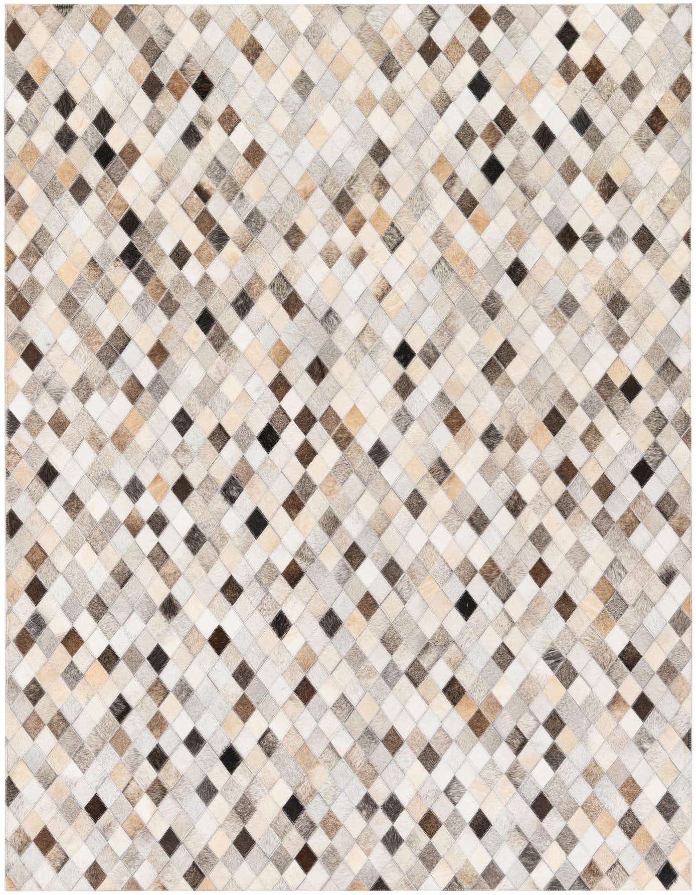 A 5x7 rectangular multi-colored modern cowhide rug with a diamond patchwork pattern in various shades of brown, beige, cream, and black.
