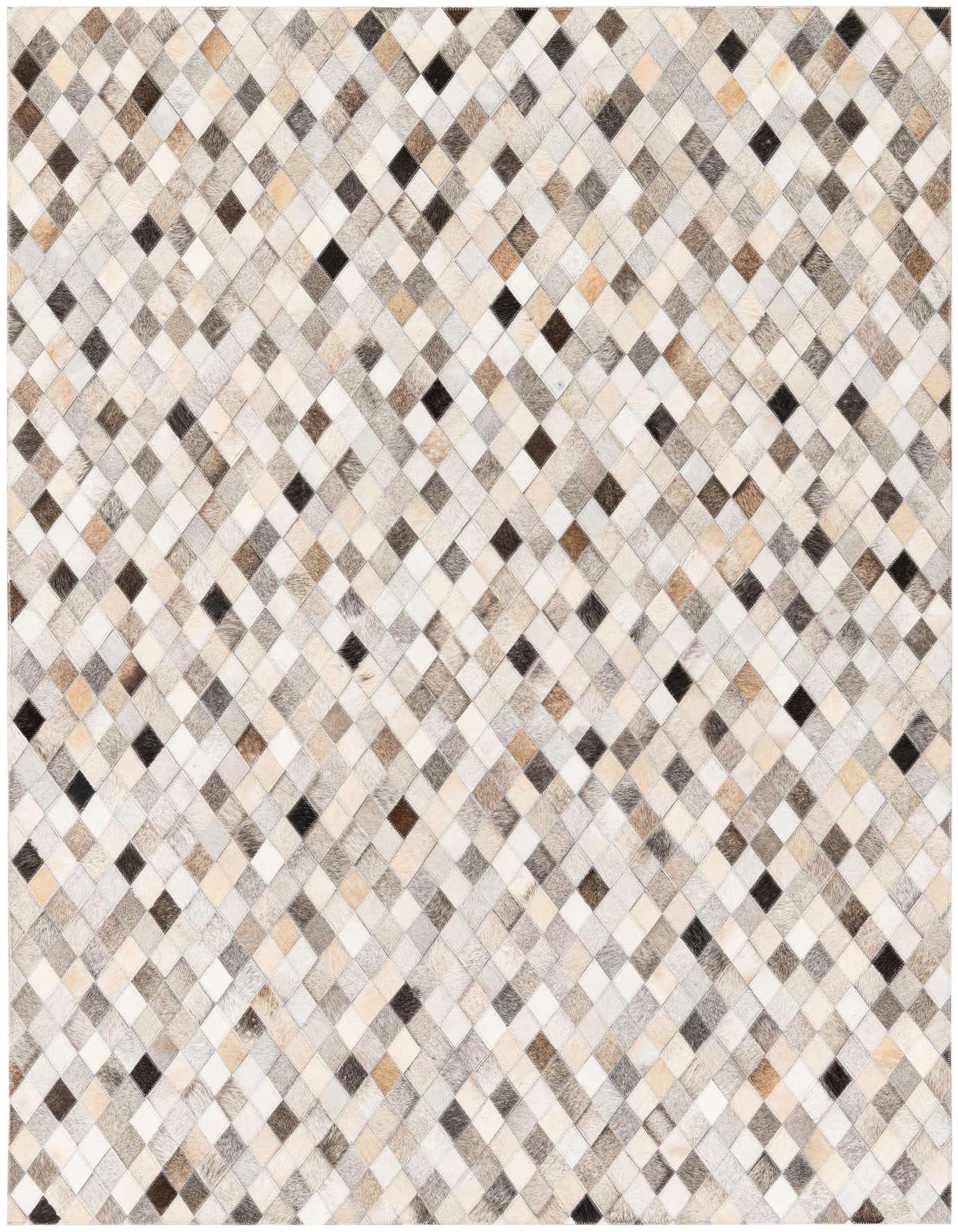 A 5x7 rectangular Cowhide Stocks rug featuring a modern diamond pattern in multi-colored natural cowhide and leather.