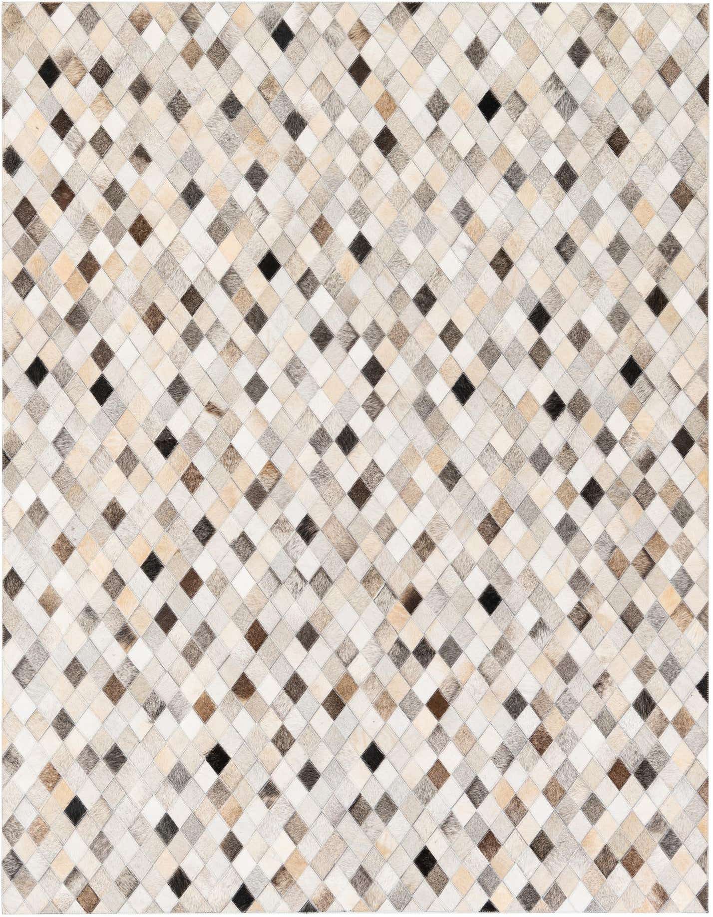 A 5x7 rectangular Cowhide Stocks rug featuring a modern diamond pattern in multi-colored natural cowhide and leather.