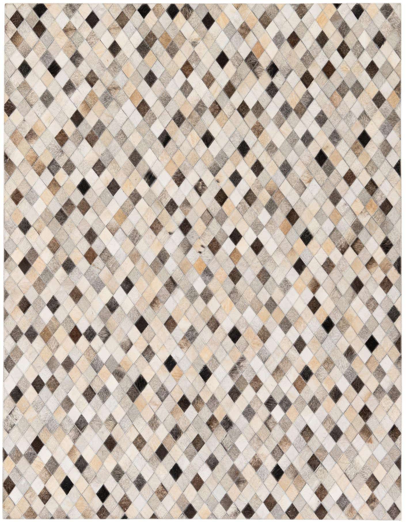 A rectangular 5x7 Cowhide Stocks rug featuring a modern diamond pattern in multi-colored natural cowhide and leather.