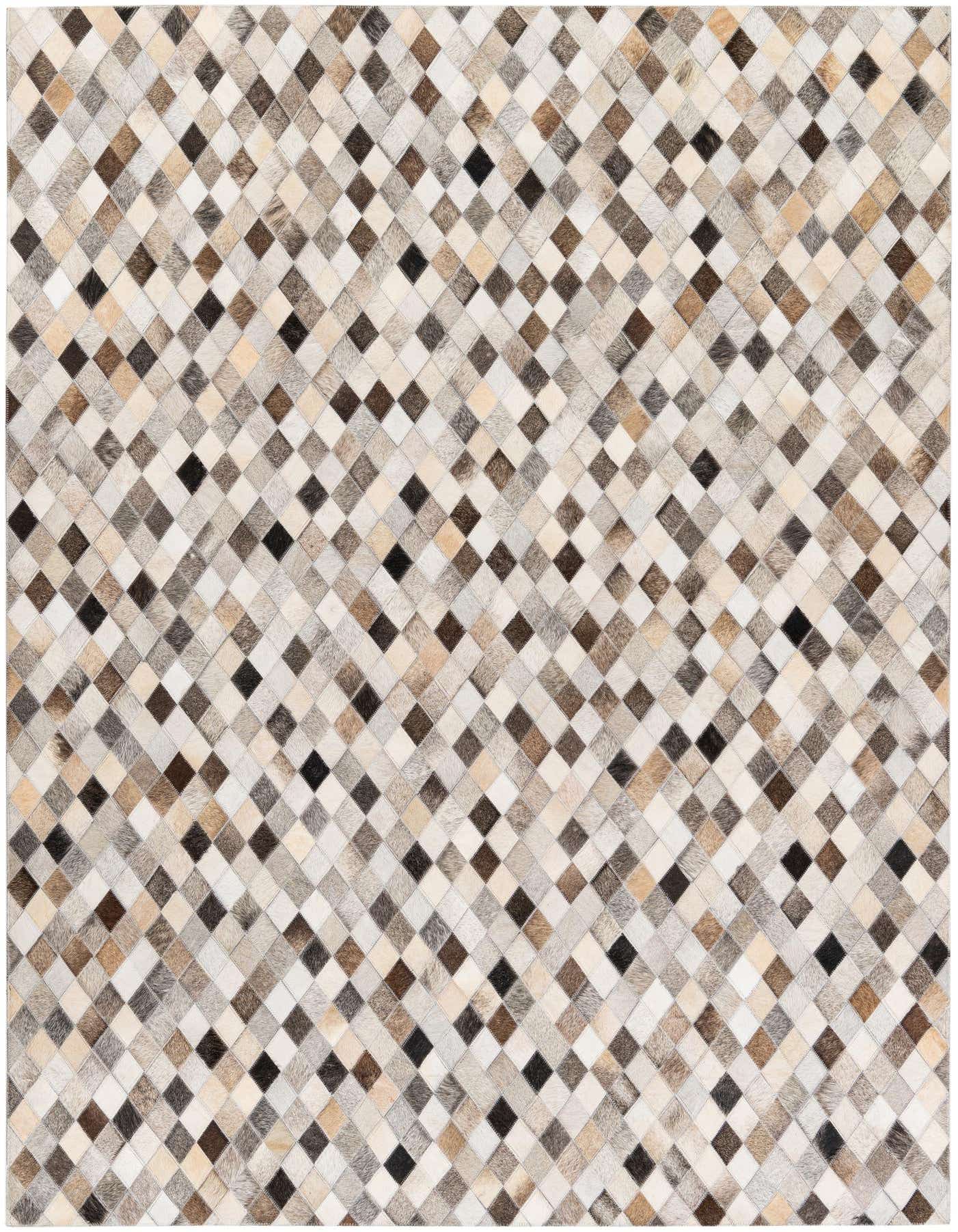 A 5x7 rectangular multi-colored cowhide rug with a modern diamond patchwork pattern, ideal for an indoor living space.