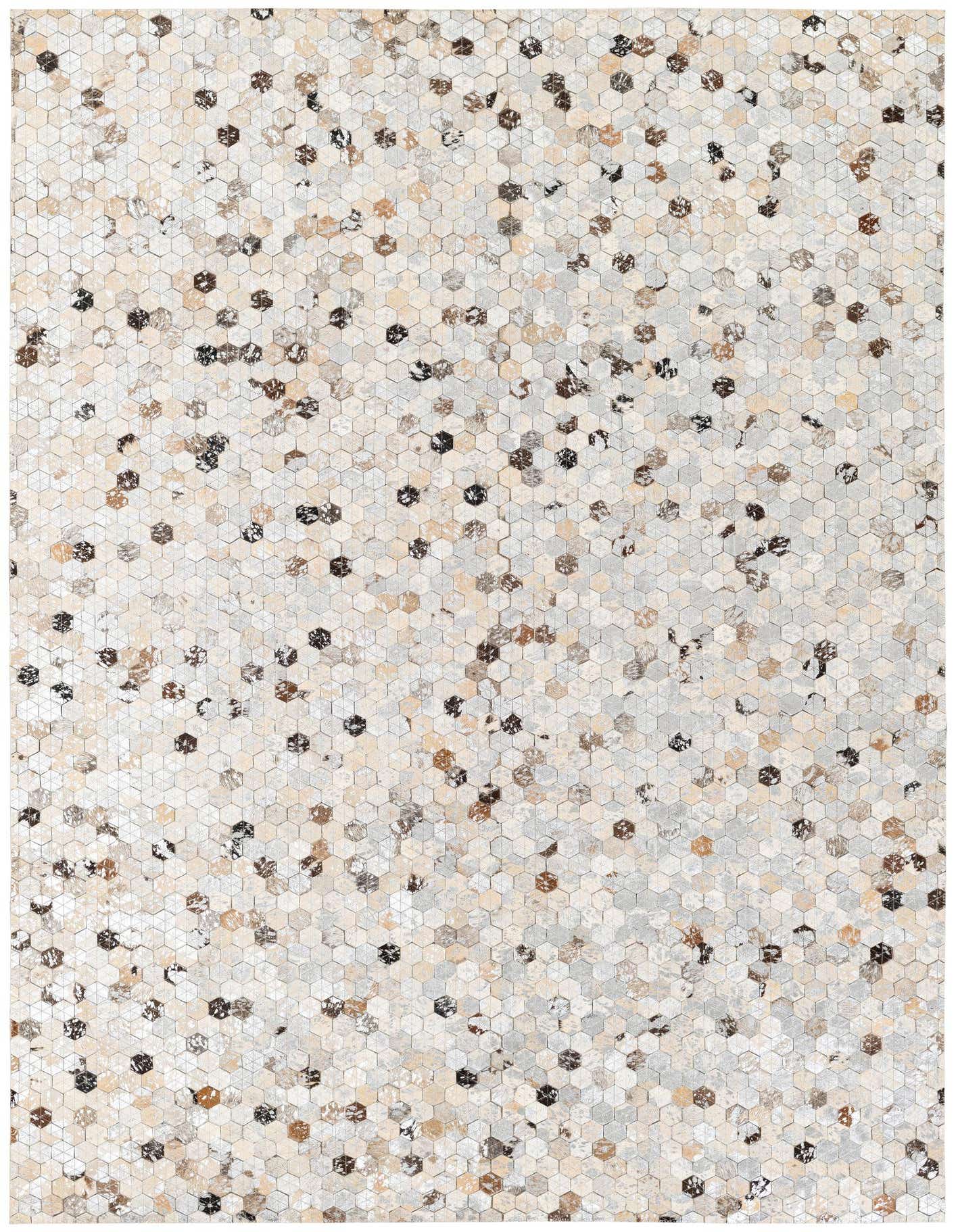 A 5x7 rectangular multi-colored modern cowhide rug featuring a mosaic of small hexagonal patches in varying shades of cream, beige, grey, and dark brown.