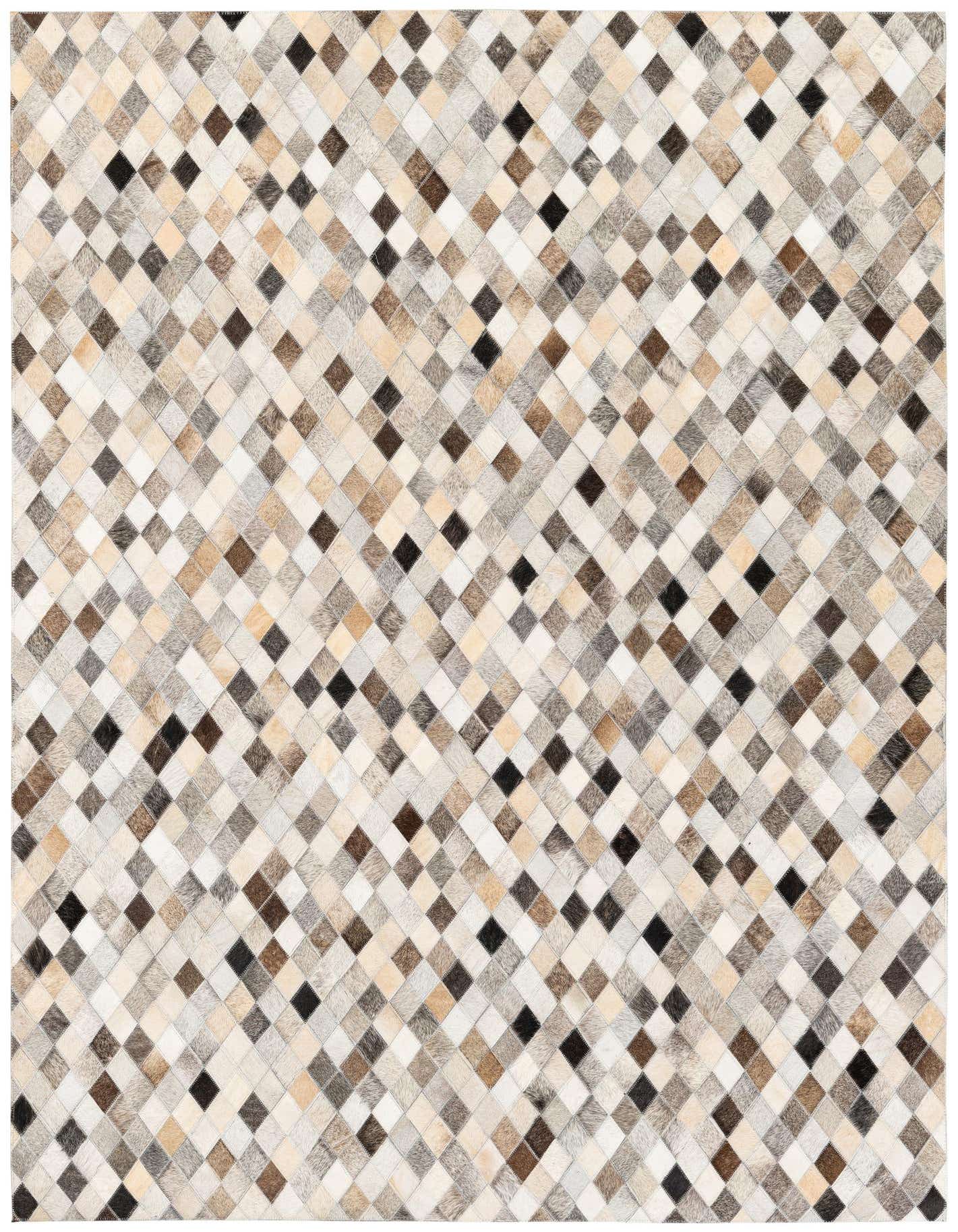 A 5x7 rectangular multi-colored modern cowhide rug with a diamond patchwork pattern in shades of brown, black, cream, and gray.