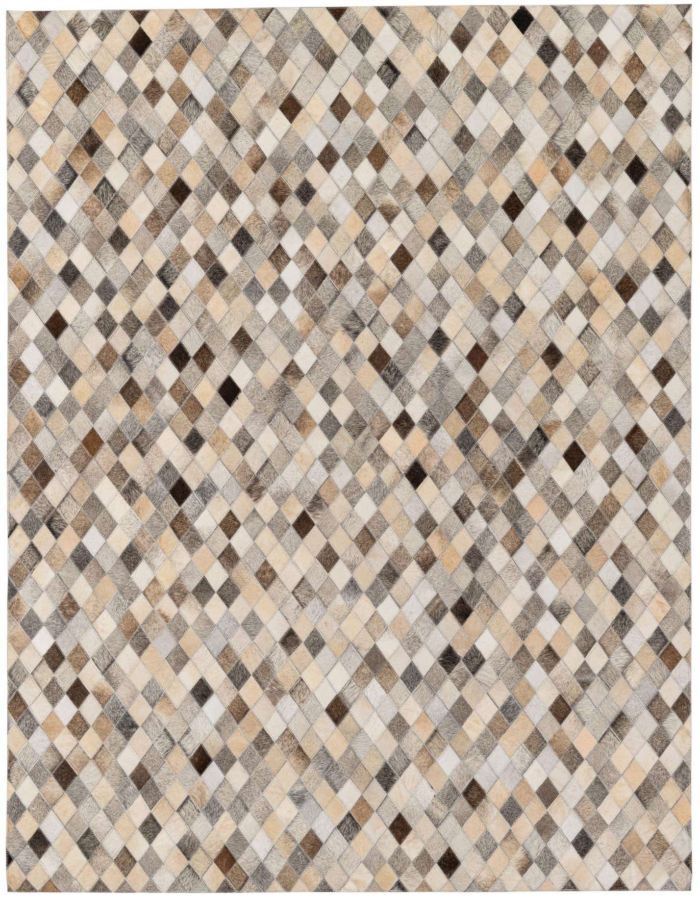 A 5x7 rectangular modern cowhide rug featuring a multi-colored diamond pattern in shades of brown, beige, and grey.