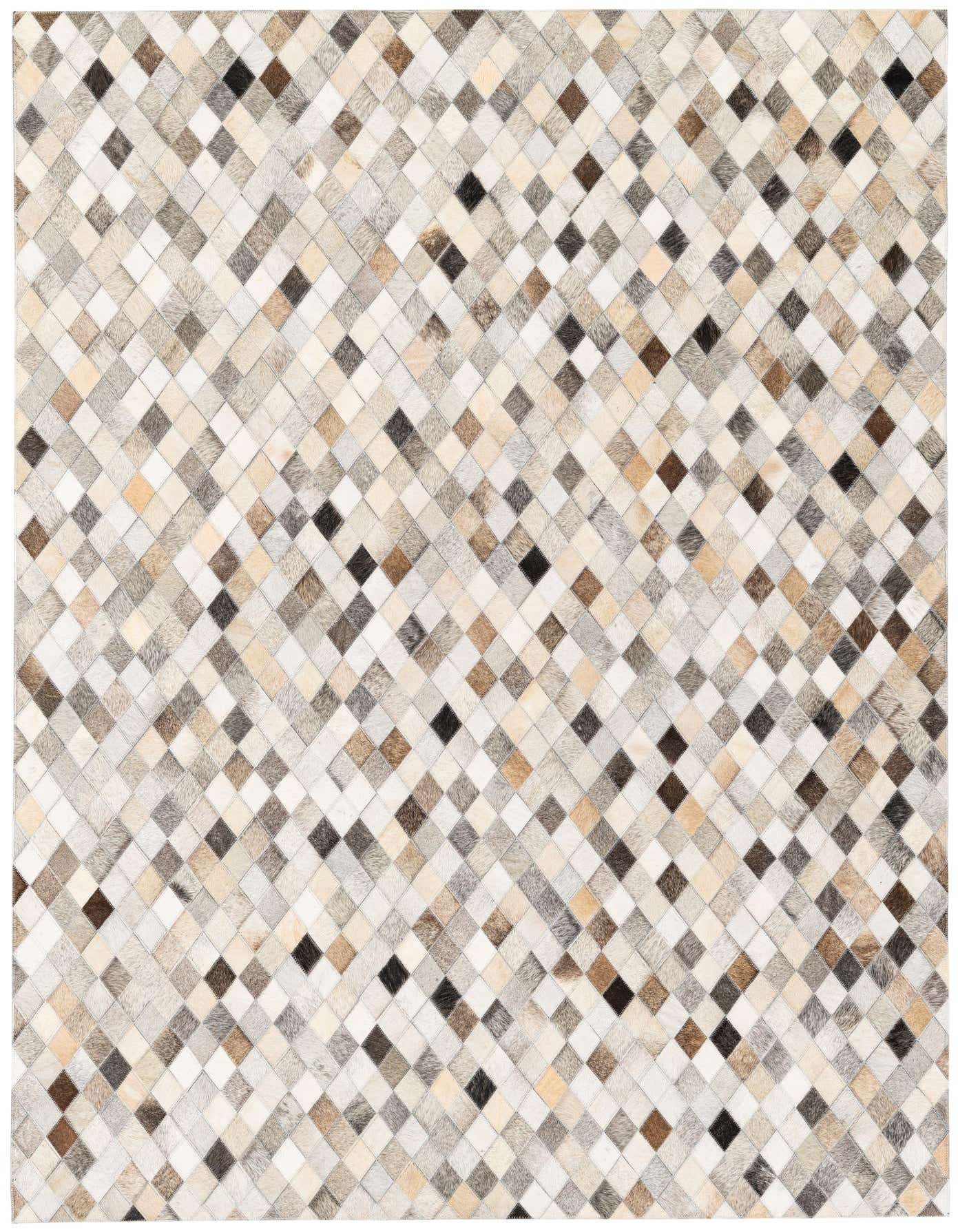 A 5x7 rectangular Cowhide Stocks rug by Rugs.com, featuring a modern multi-colored diamond pattern in various shades of brown, beige, cream, and black.