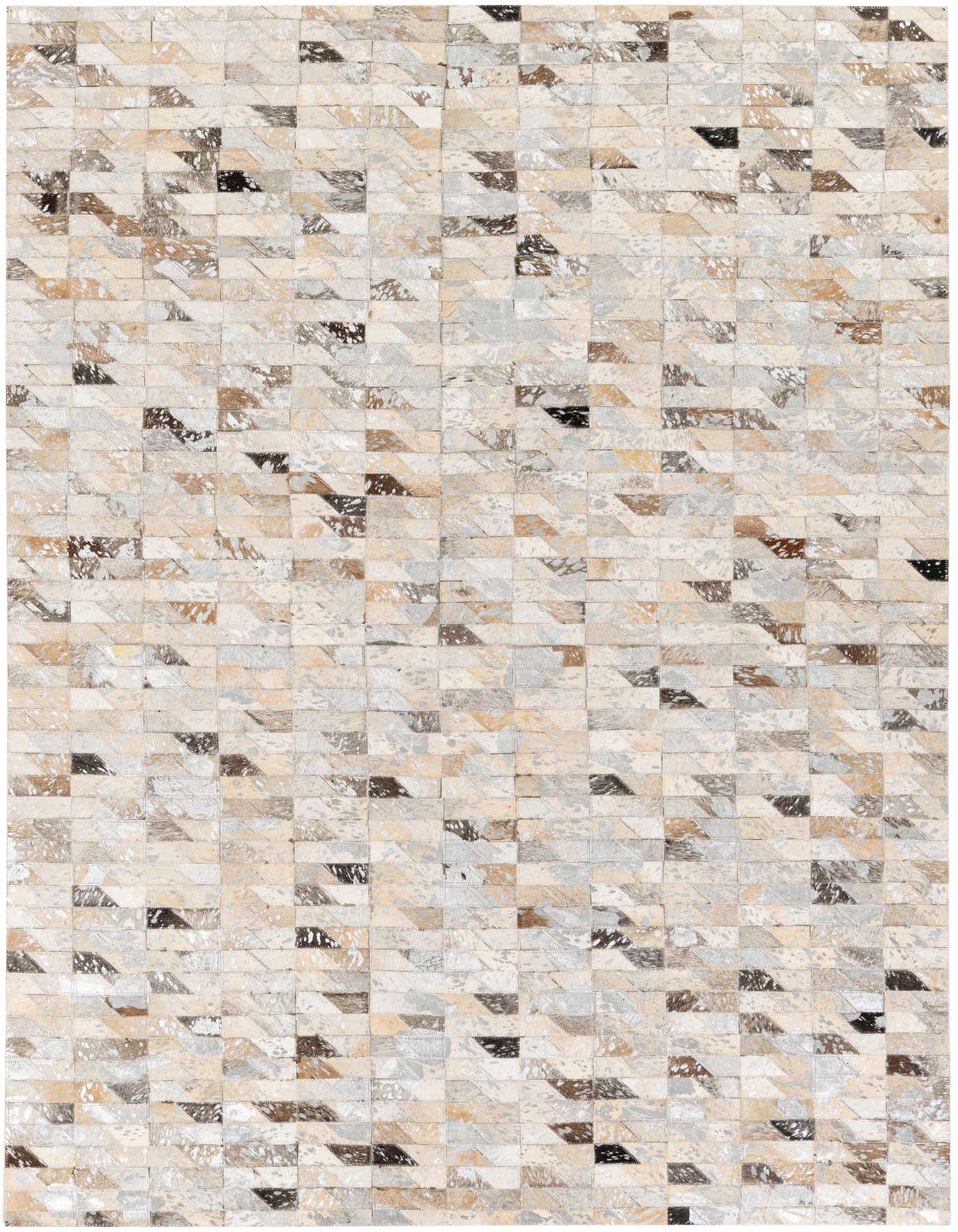 A 5x7 rectangular modern cowhide rug featuring a patchwork of multi-colored natural hide pieces in shades of beige, brown, and gray.