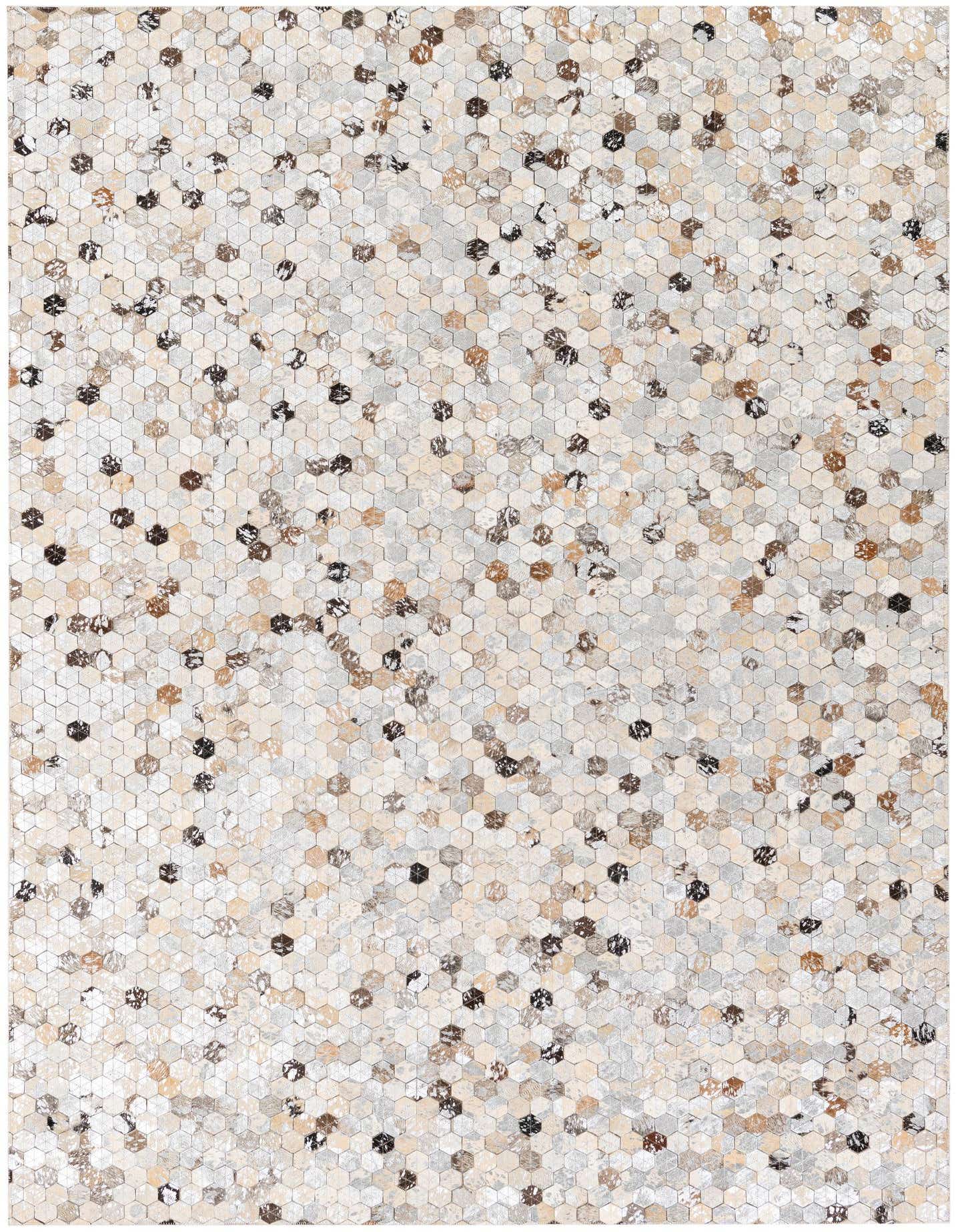 A rectangular 5x7 modern cowhide rug featuring a mosaic of small hexagonal patches in multi-colored shades of beige, brown, black, and grey.