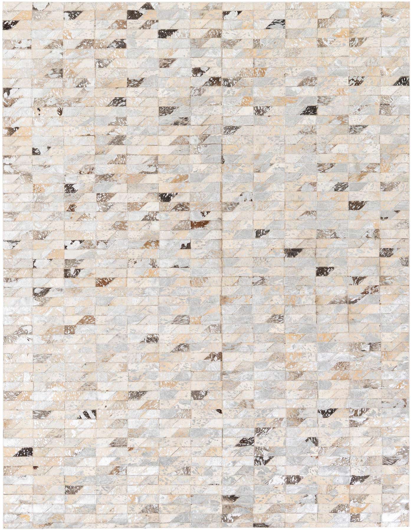 A rectangular 5x8 multi-colored modern cowhide rug with a patchwork pattern of various natural hide shades.