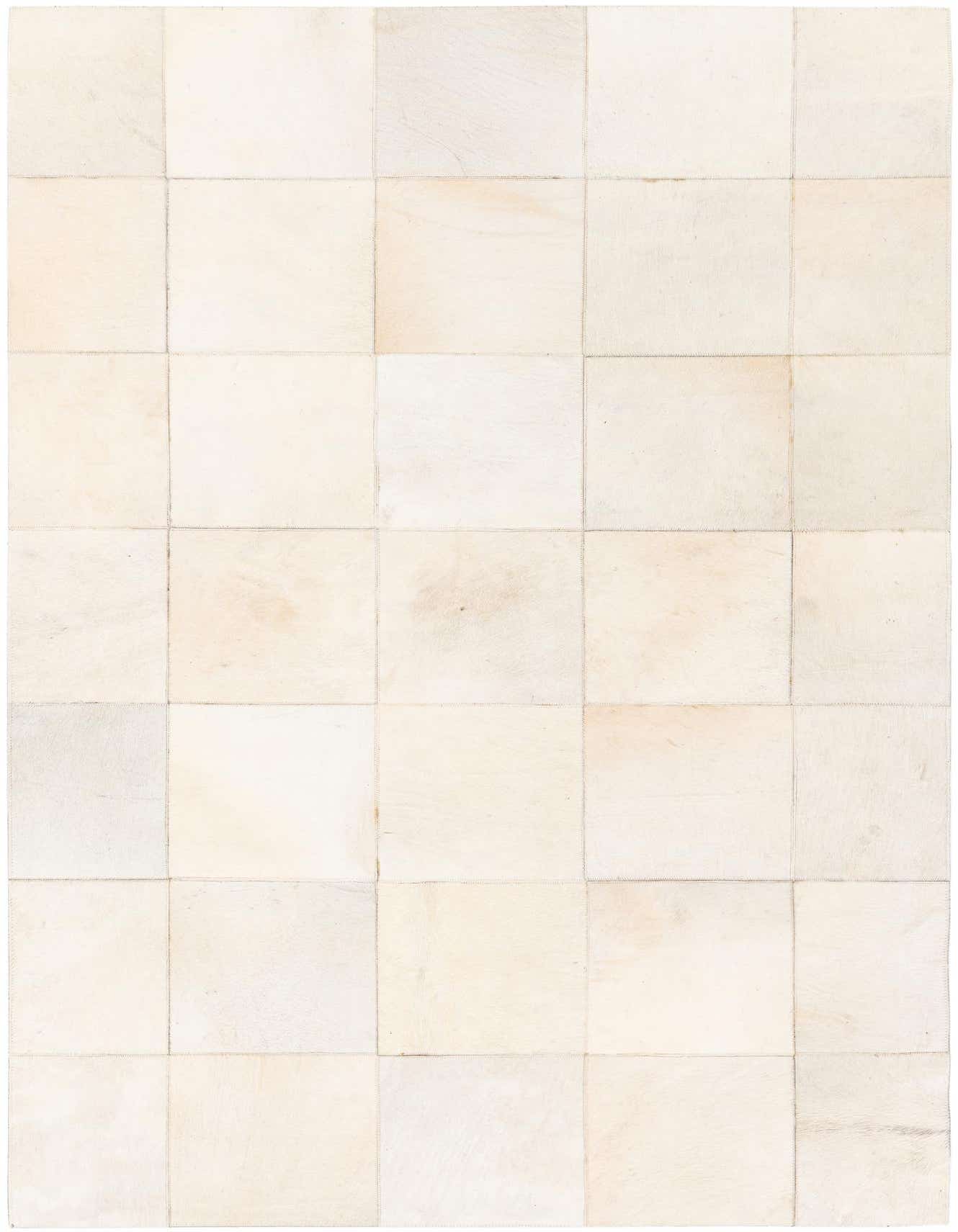 A 4x6 rectangular Cowhide Stocks rug from Rugs.com, featuring a modern patchwork of multi-colored cowhide squares with visible stitching.