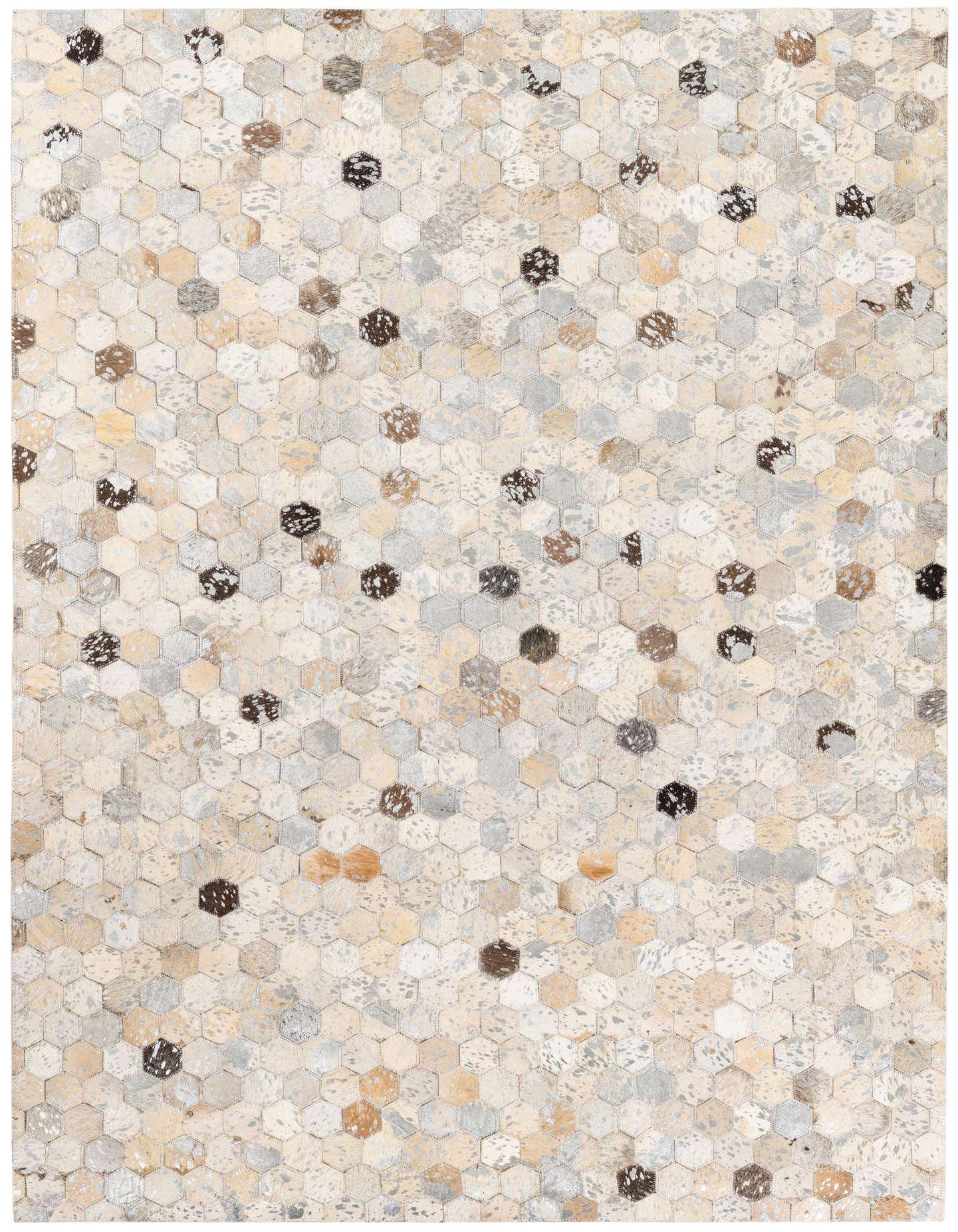 A 4x6 rectangular multi-colored cowhide rug featuring a modern hexagonal patchwork design in various natural tones.