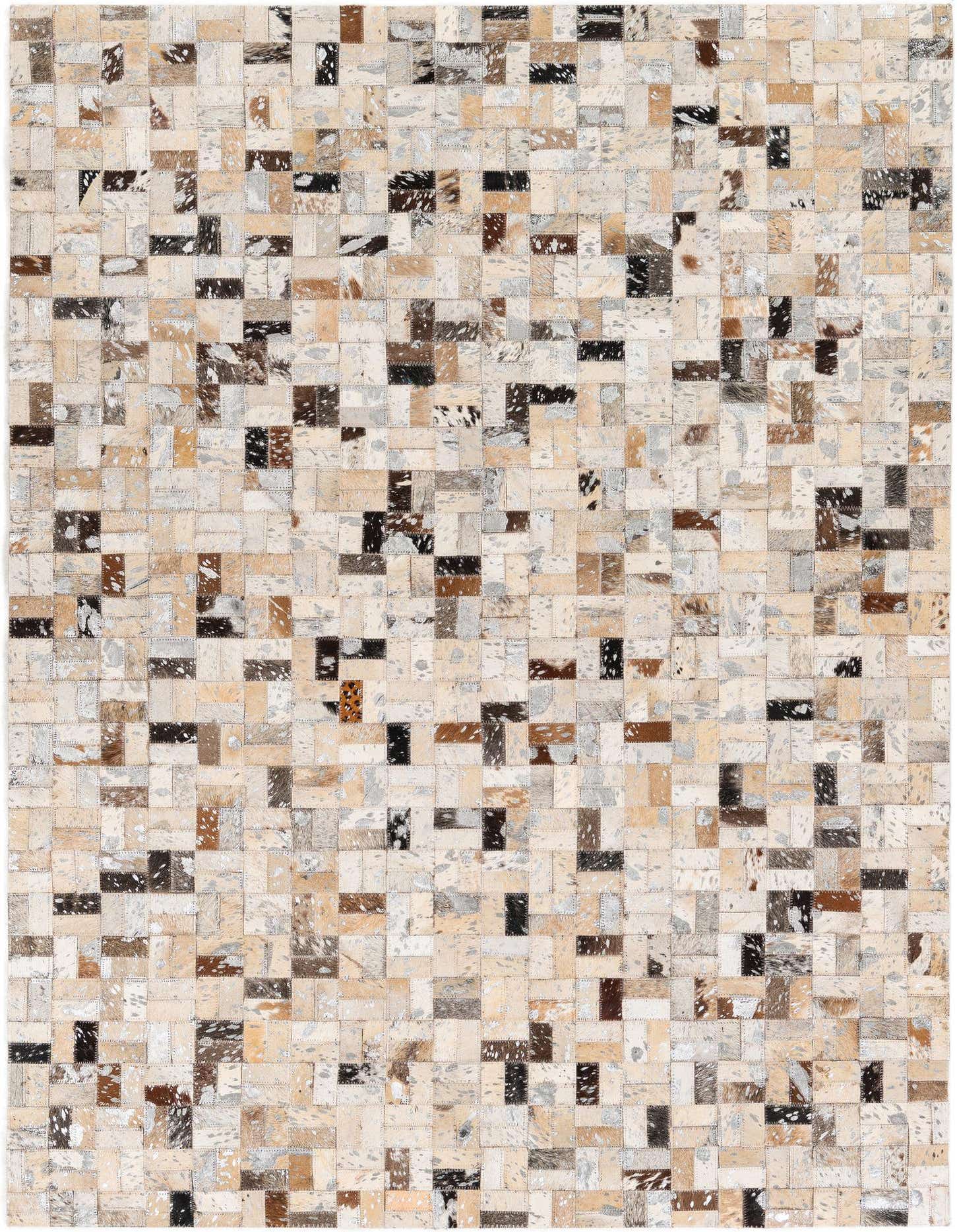 A 4x6 rectangular Cowhide Stocks rug featuring a modern patchwork of multi-colored cowhide and leather squares.