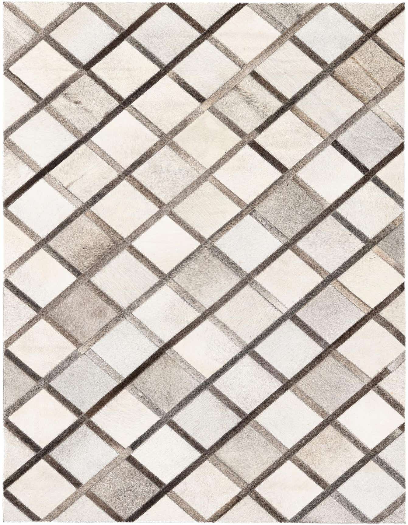 A 4x6 rectangular Cowhide Stocks rug featuring a modern multi-colored diamond pattern in shades of white, grey, and brown.