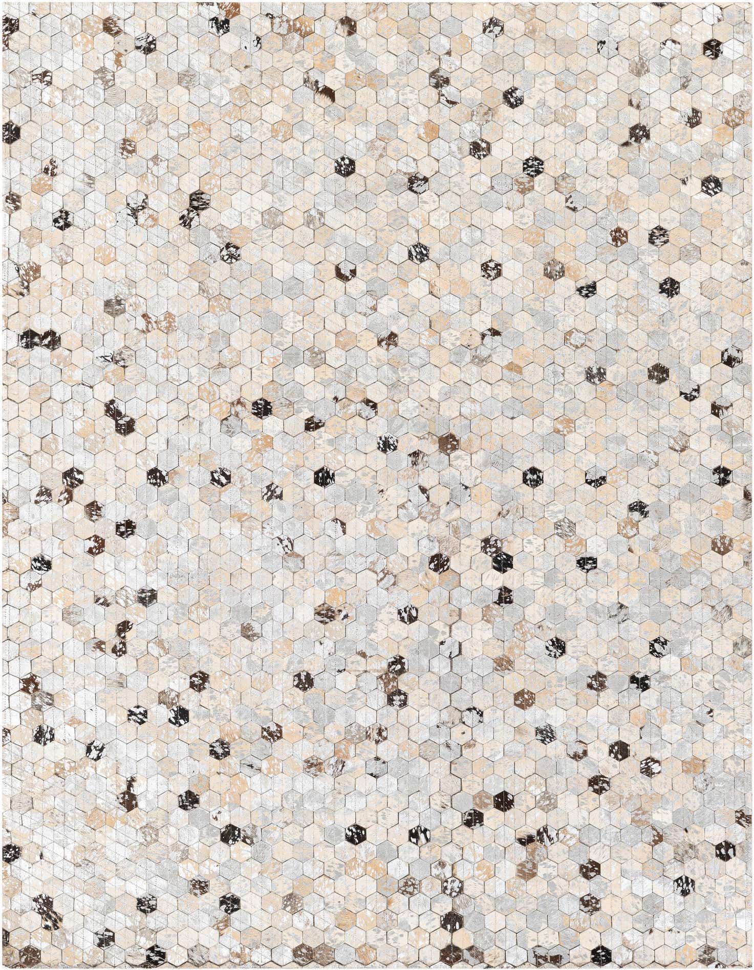 A 4x6 rectangular multi-colored modern cowhide rug with a mosaic-like hexagonal pattern in shades of white, beige, brown, and black.