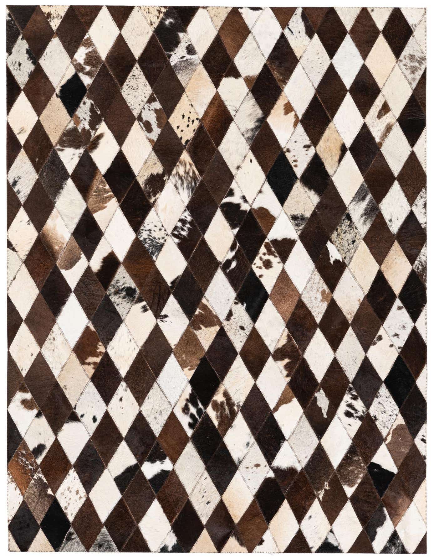 A rectangular 4x6 cowhide rug featuring a modern diamond pattern in shades of brown, white, and black.