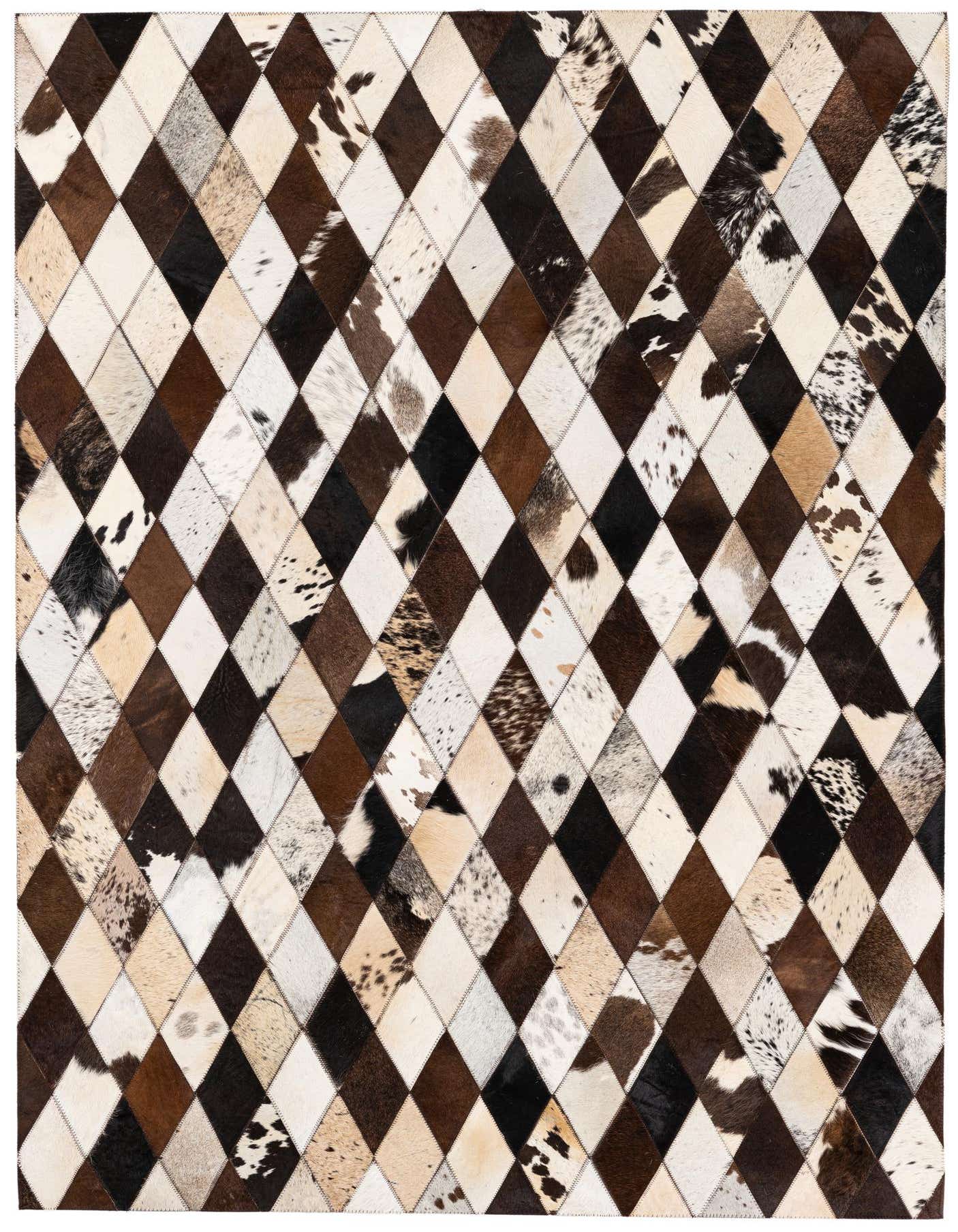 A 4x6 rectangular multi-colored cowhide rug with a modern diamond patchwork pattern in shades of brown, black, and white.