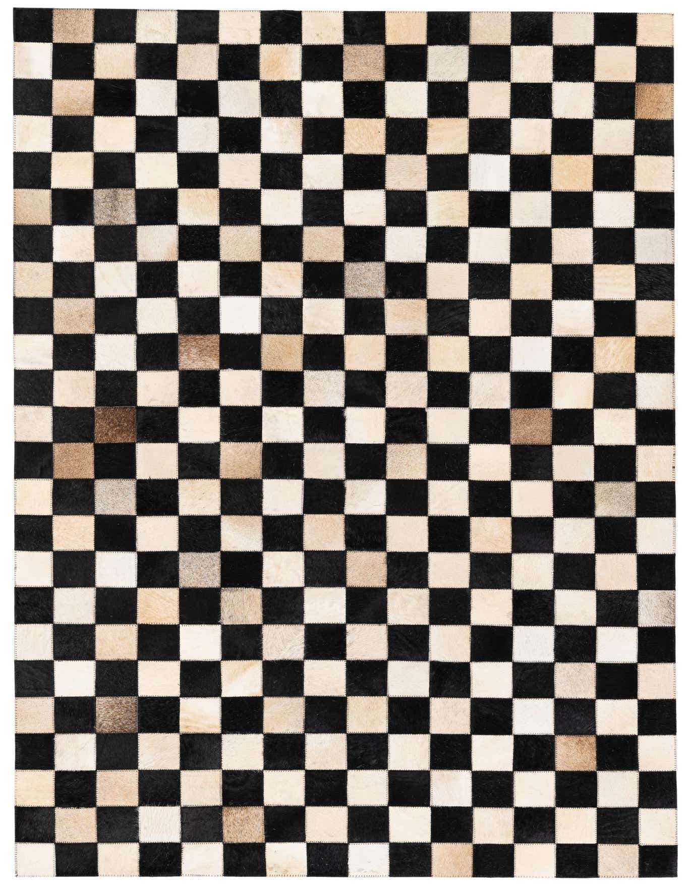 A 4x6 rectangular Cowhide Stocks rug from Rugs.com featuring a modern checkerboard pattern in black and varied natural light brown/cream patches.