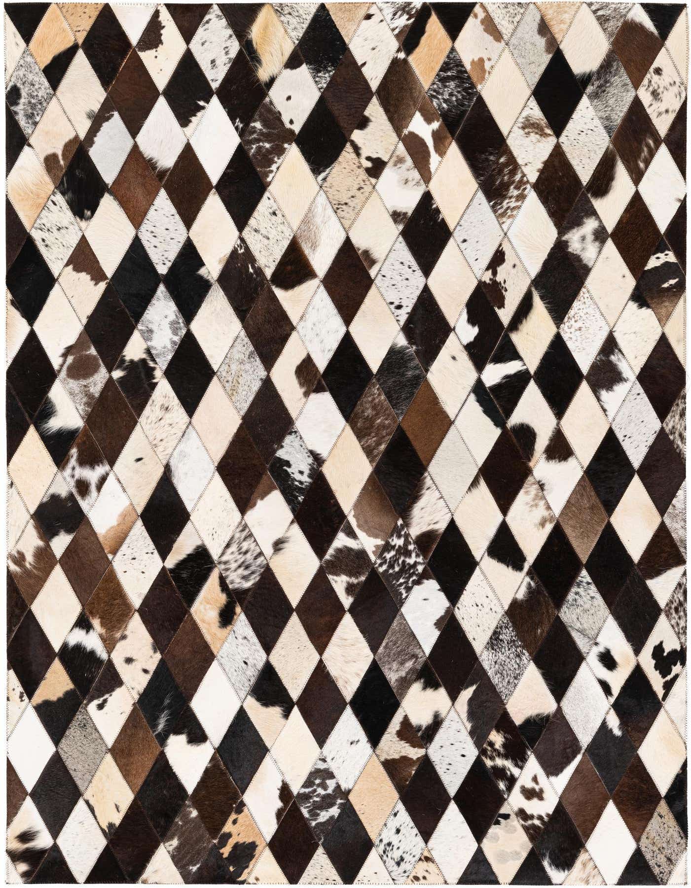A 4x6 rectangular multi-colored cowhide rug with a modern diamond patchwork pattern, ideal for a living room.