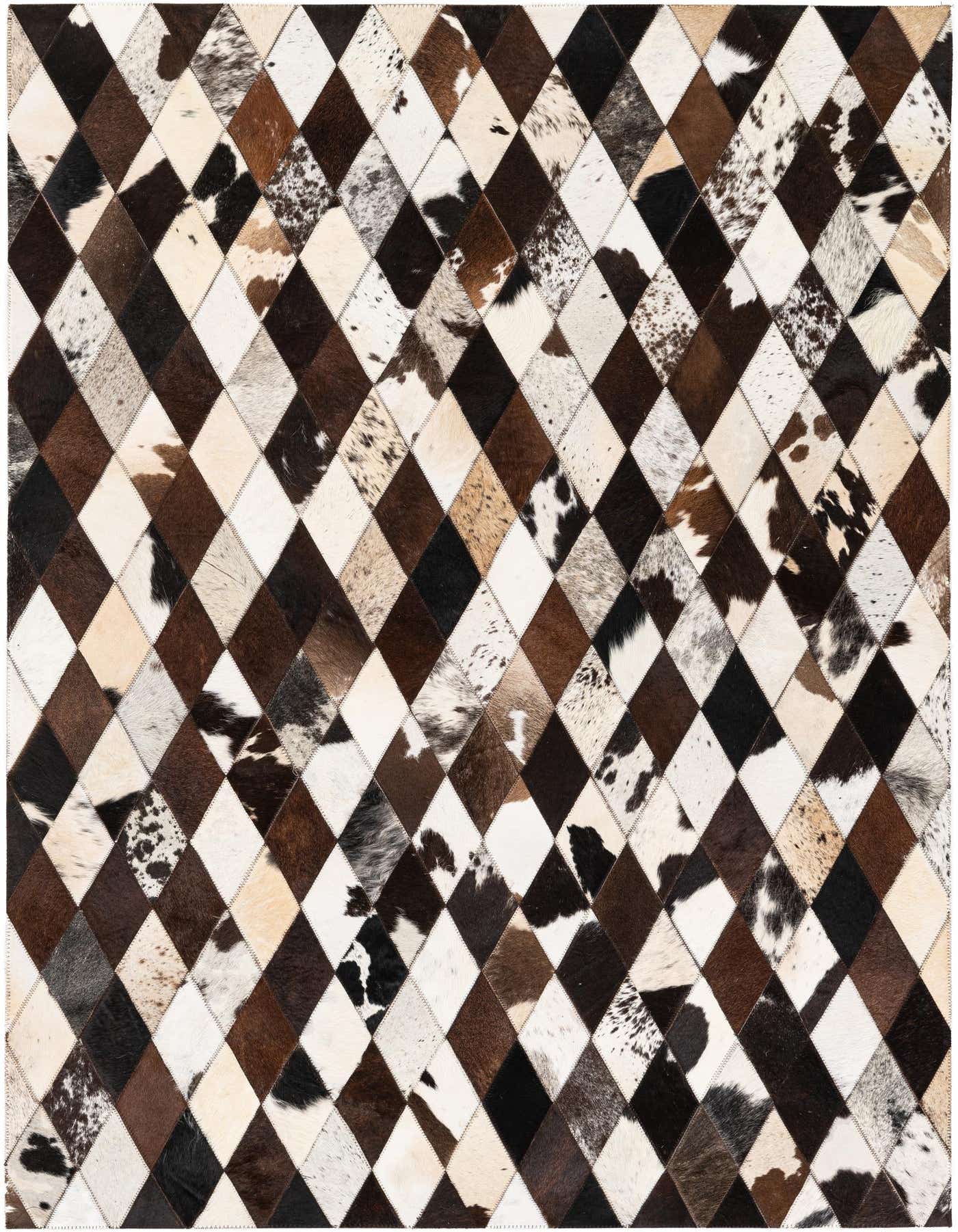 A 4x6 rectangular cowhide rug featuring a modern diamond patchwork pattern in various shades of brown, black, and white.