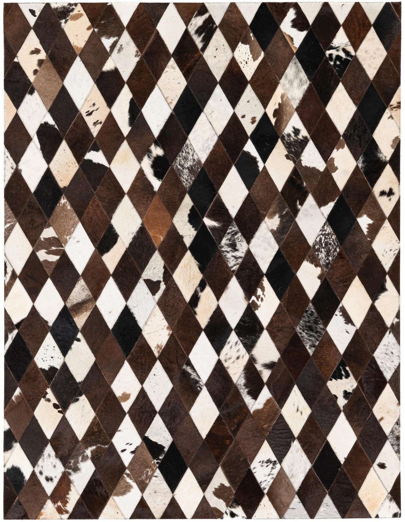 A 4x6 rectangular multi-colored cowhide rug with a modern diamond patchwork pattern in shades of brown, black, and white.