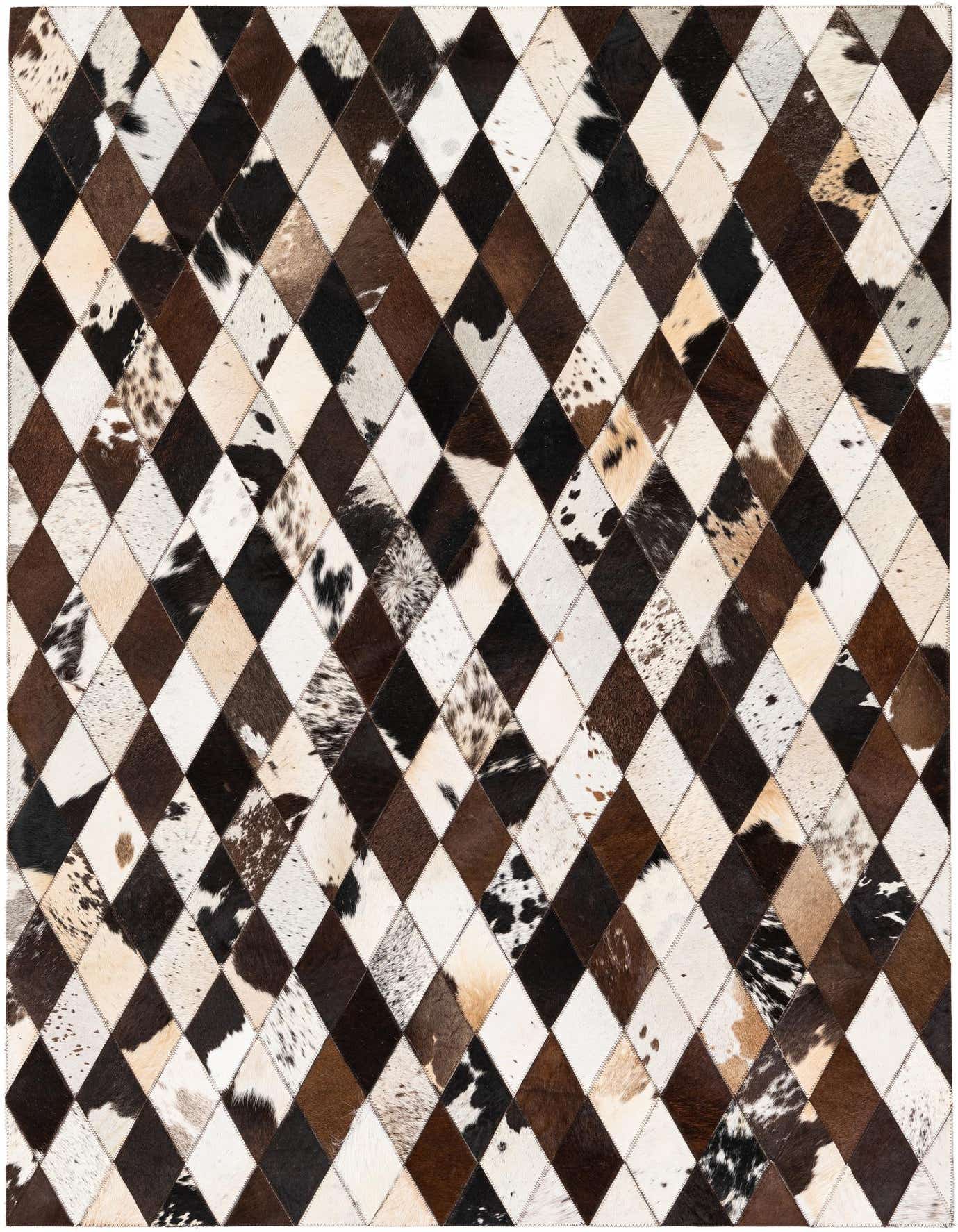 A 4x6 rectangular multi-colored cowhide rug featuring a modern diamond pattern in shades of brown, black, and white.