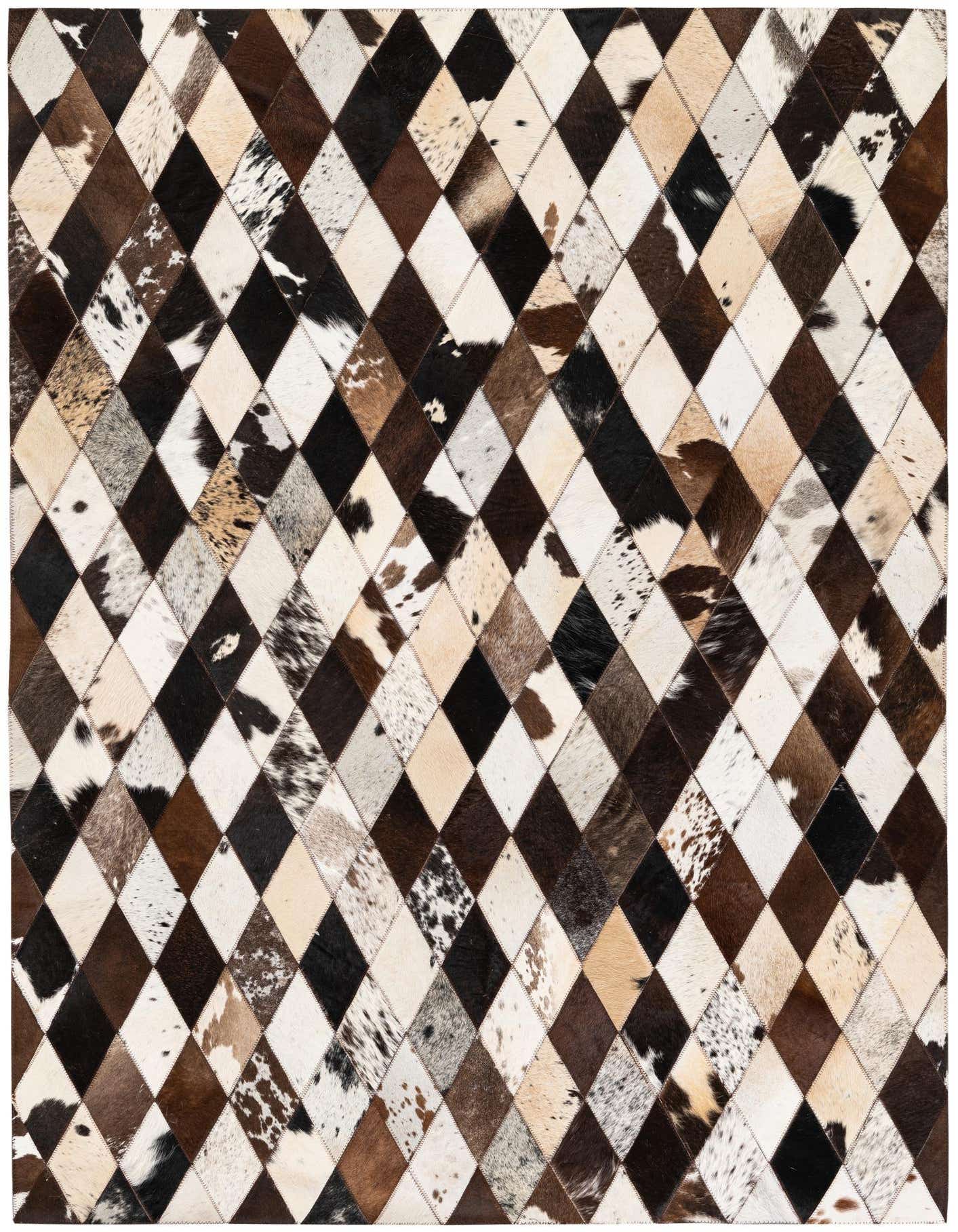 A 4x6 rectangular Cowhide Stocks rug featuring a modern harlequin diamond pattern in varied shades of brown, black, white, and spotted natural cowhide.