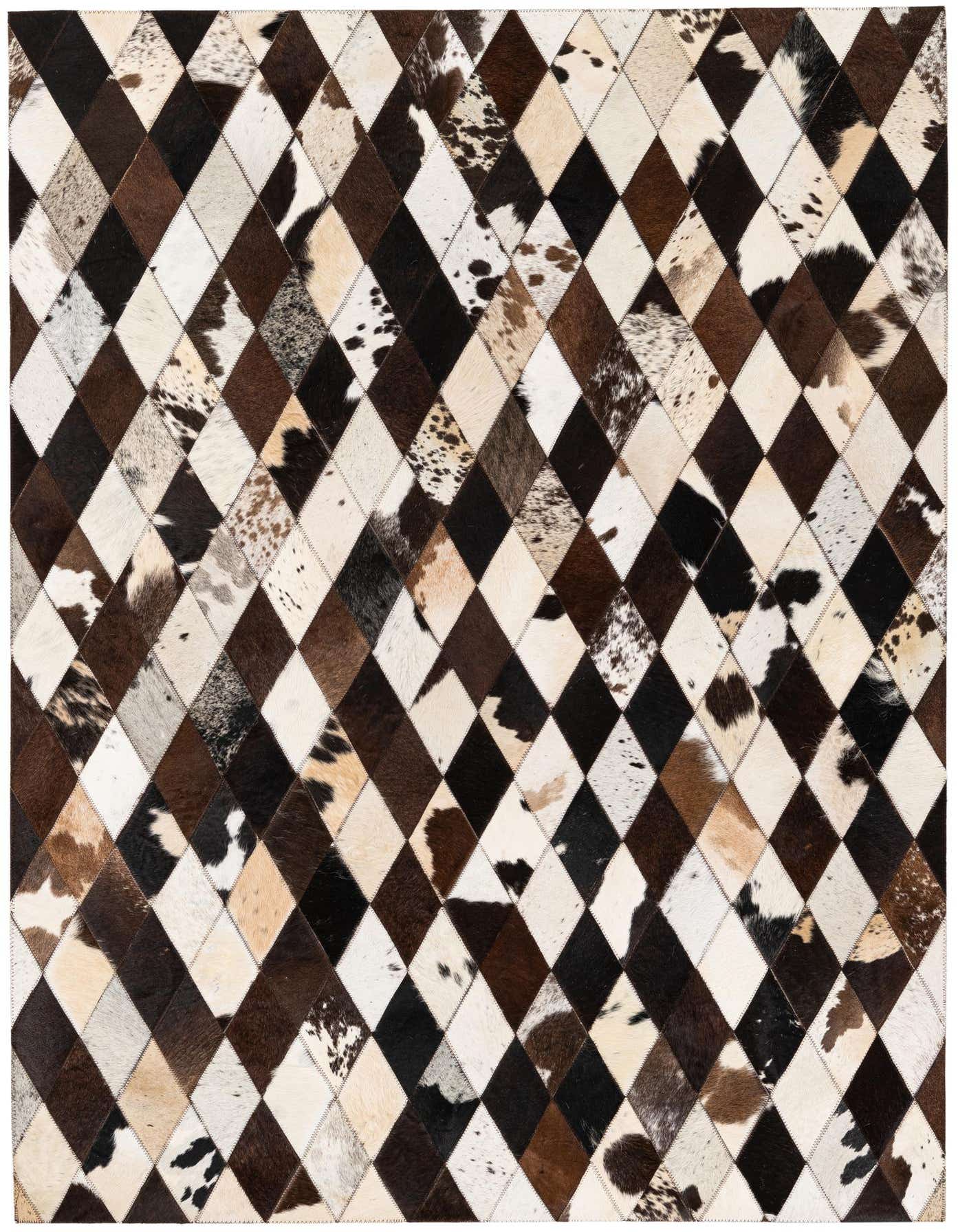 A 4x6 rectangular cowhide rug featuring a modern diamond patchwork pattern in various shades of brown, black, and white.