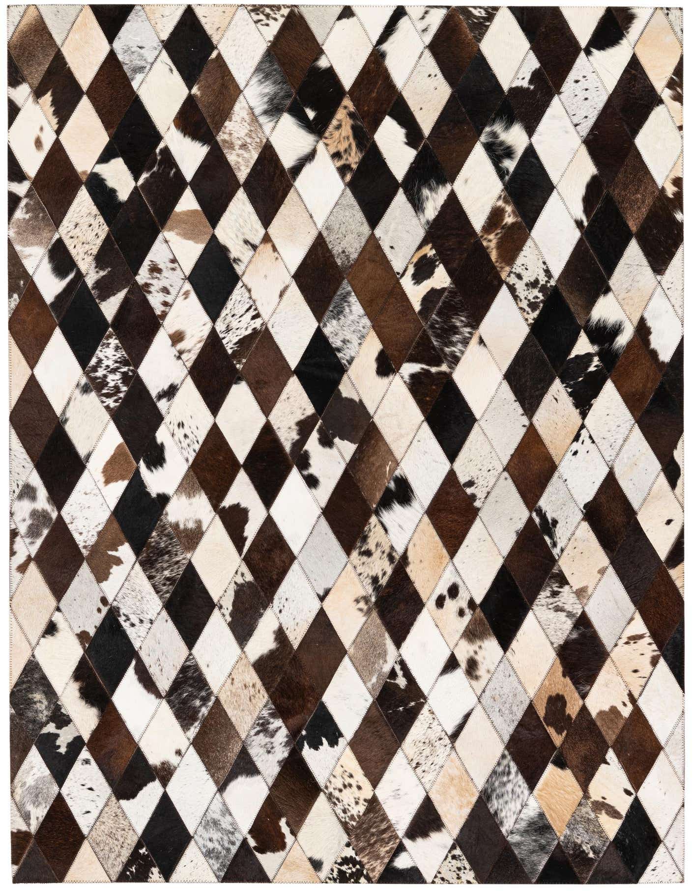 A 4x6 rectangular multi-colored cowhide rug featuring a modern diamond patchwork pattern in various shades of brown, black, and white.