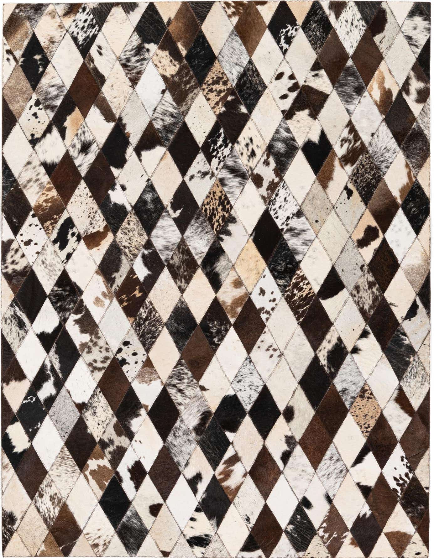 A 4x6 rectangular Cowhide Stocks rug featuring a modern diamond patchwork pattern in multi-colored natural cowhide and leather.