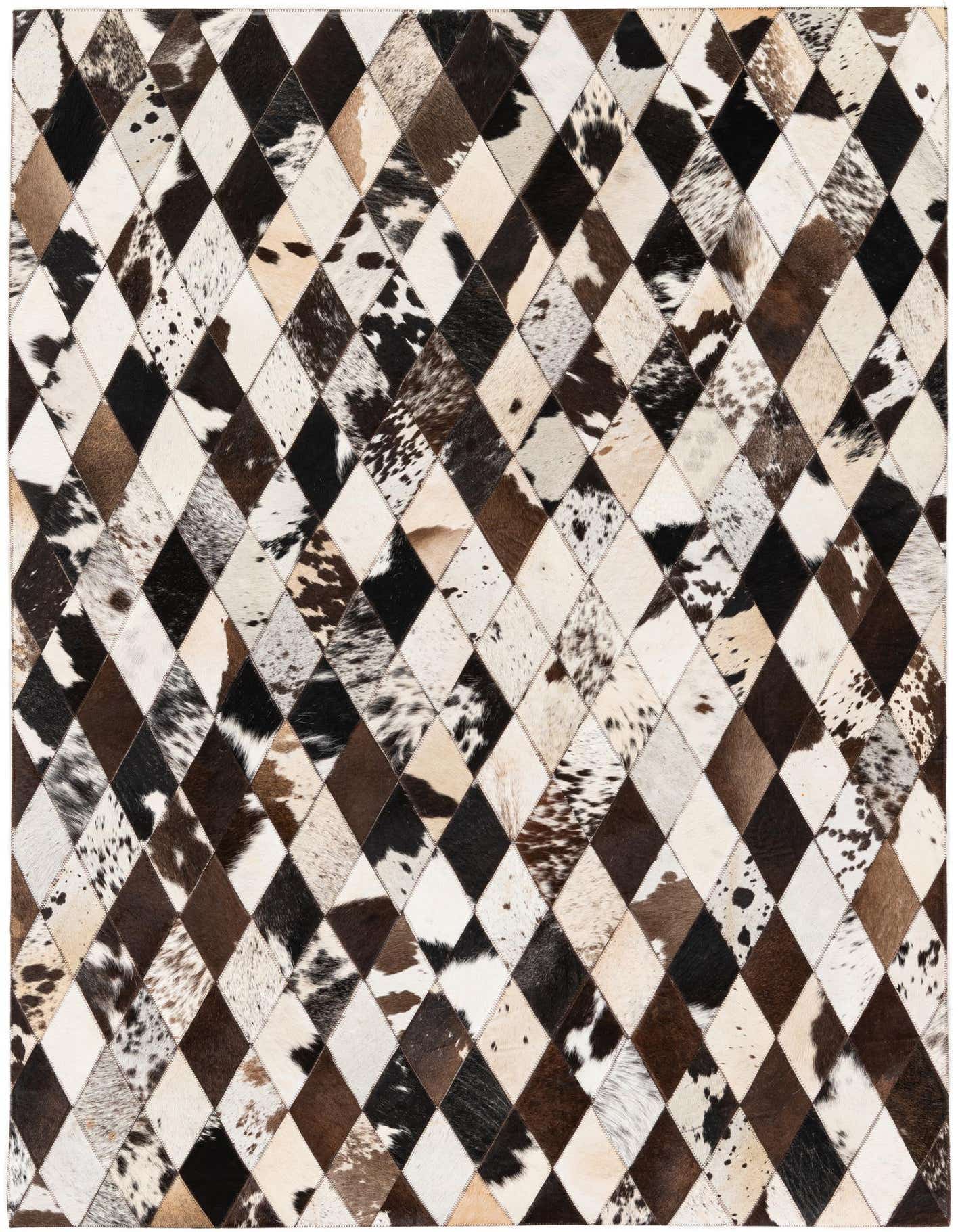 A 4x6 rectangular cowhide rug featuring a modern diamond patchwork pattern in multi-colored natural tones of black, brown, and white.