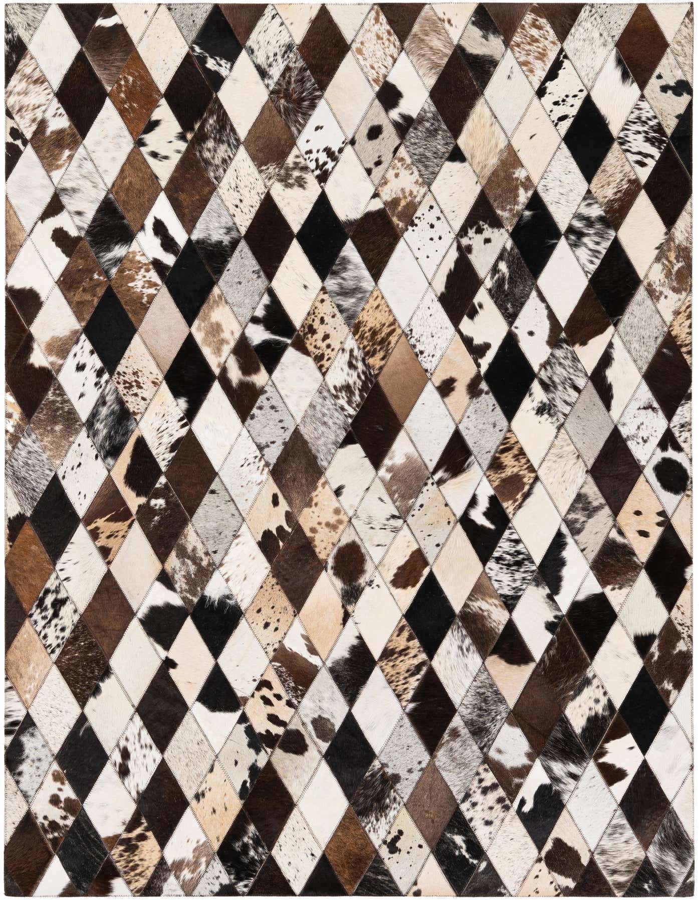 A 4x6 rectangular cowhide rug featuring a modern diamond pattern in multi-colored patches of brown, black, and white.