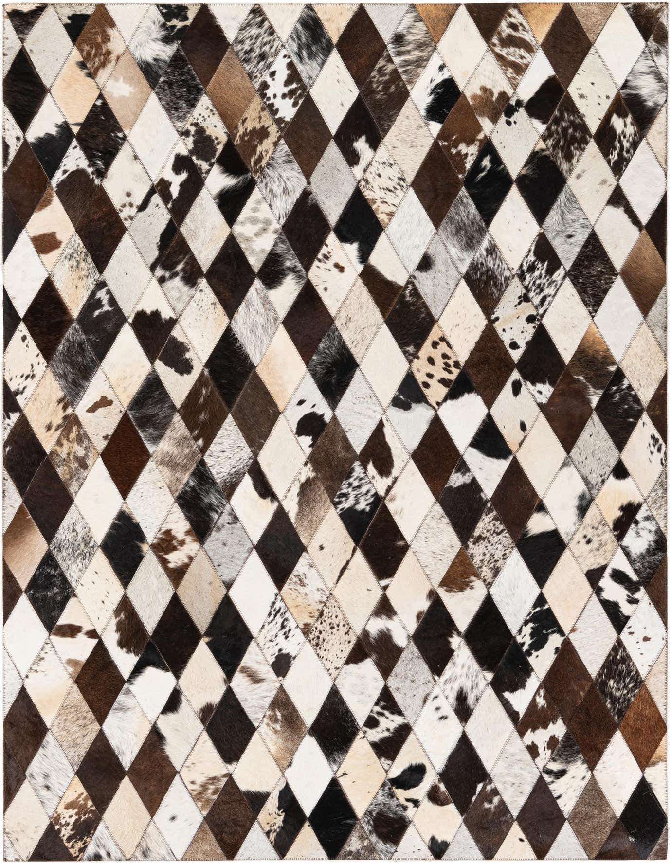 A 4x6 rectangular Cowhide Stocks rug featuring a modern multi-colored diamond pattern made from various cowhide patches.