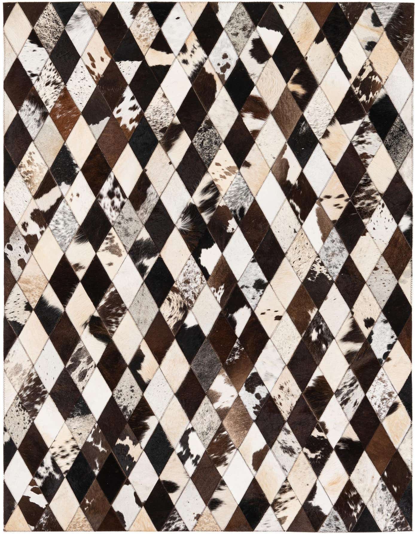 A 4x6 rectangular Cowhide Stocks rug featuring a modern diamond patchwork pattern in multi-colored natural cowhide and leather.