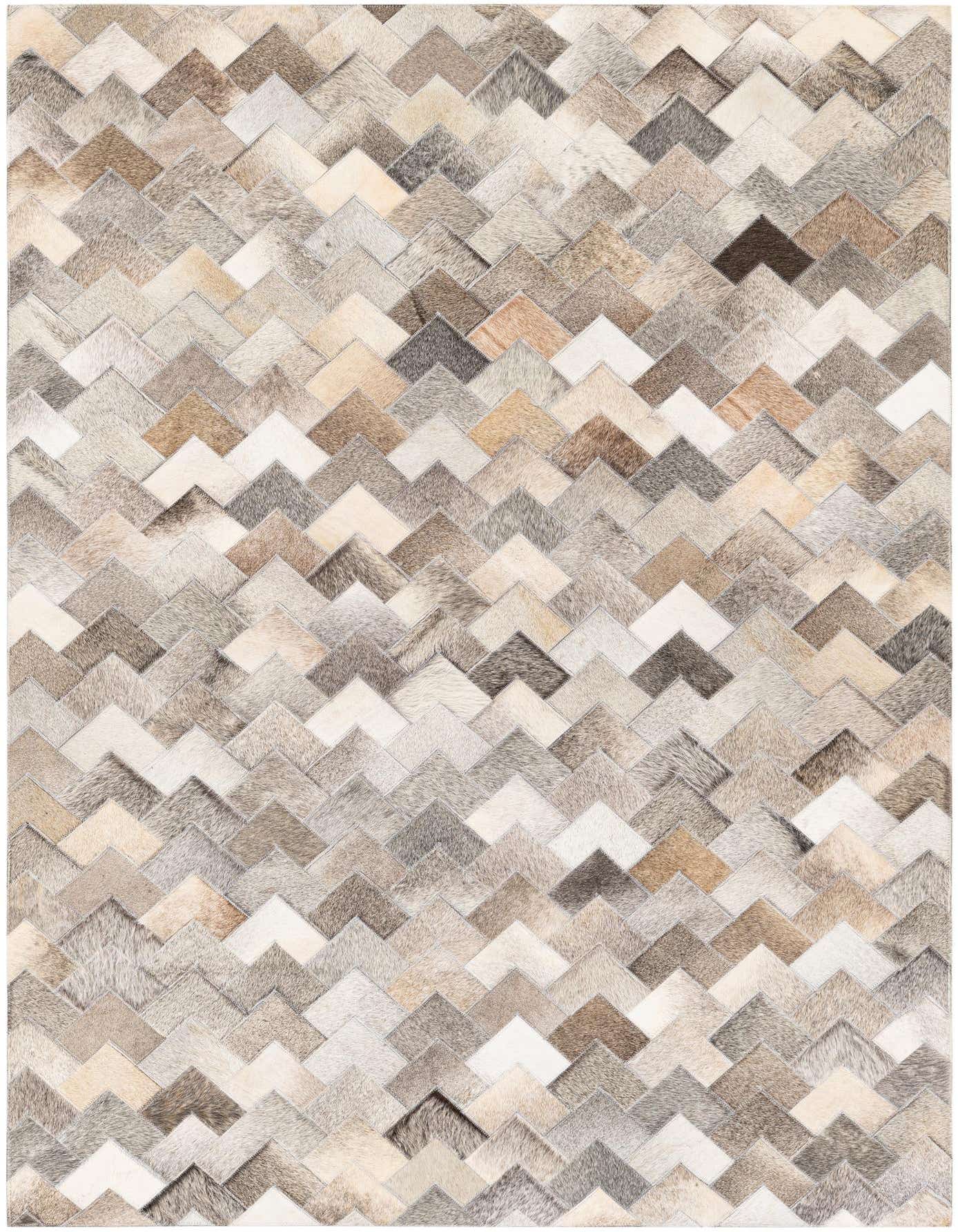 A rectangular 4x6 multi-colored cowhide rug featuring a modern chevron pattern in various shades of brown, beige, and white.