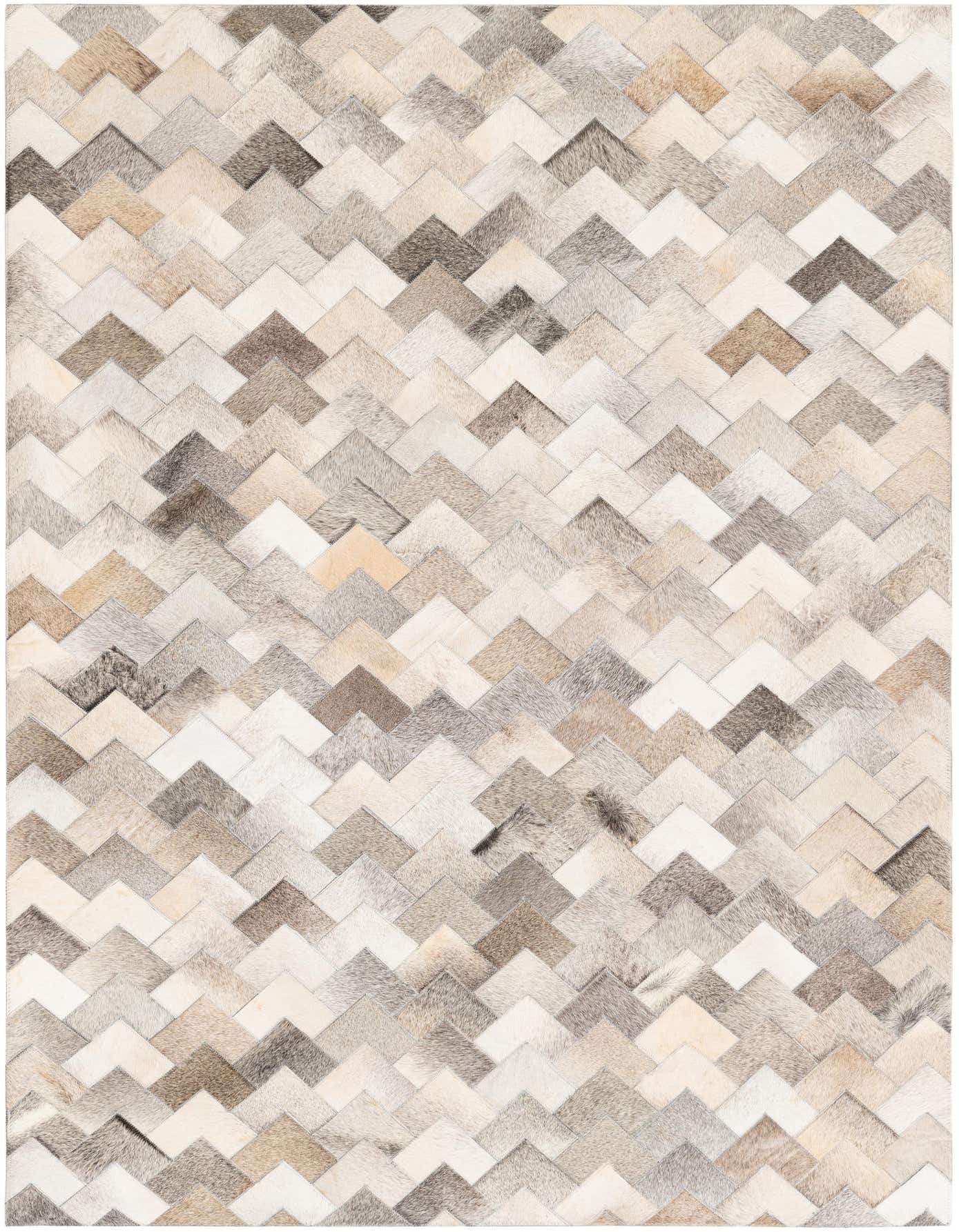 A 4x6 rectangular Cowhide Stocks rug featuring a modern chevron pattern in various shades of multi-colored cowhide and leather.