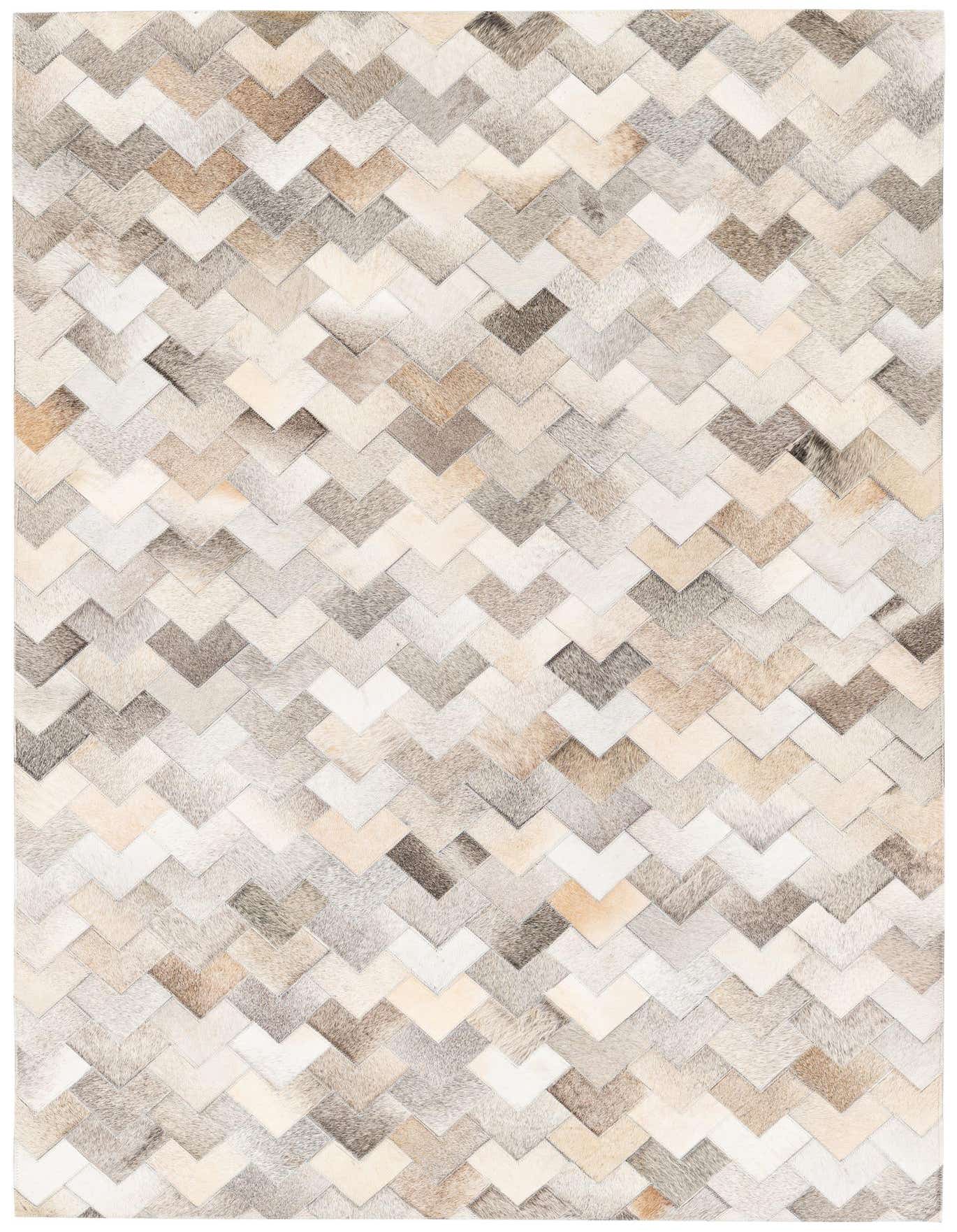 A 4x6 rectangular Cowhide Stocks rug featuring a modern chevron pattern in various shades of multi-colored cowhide and leather.