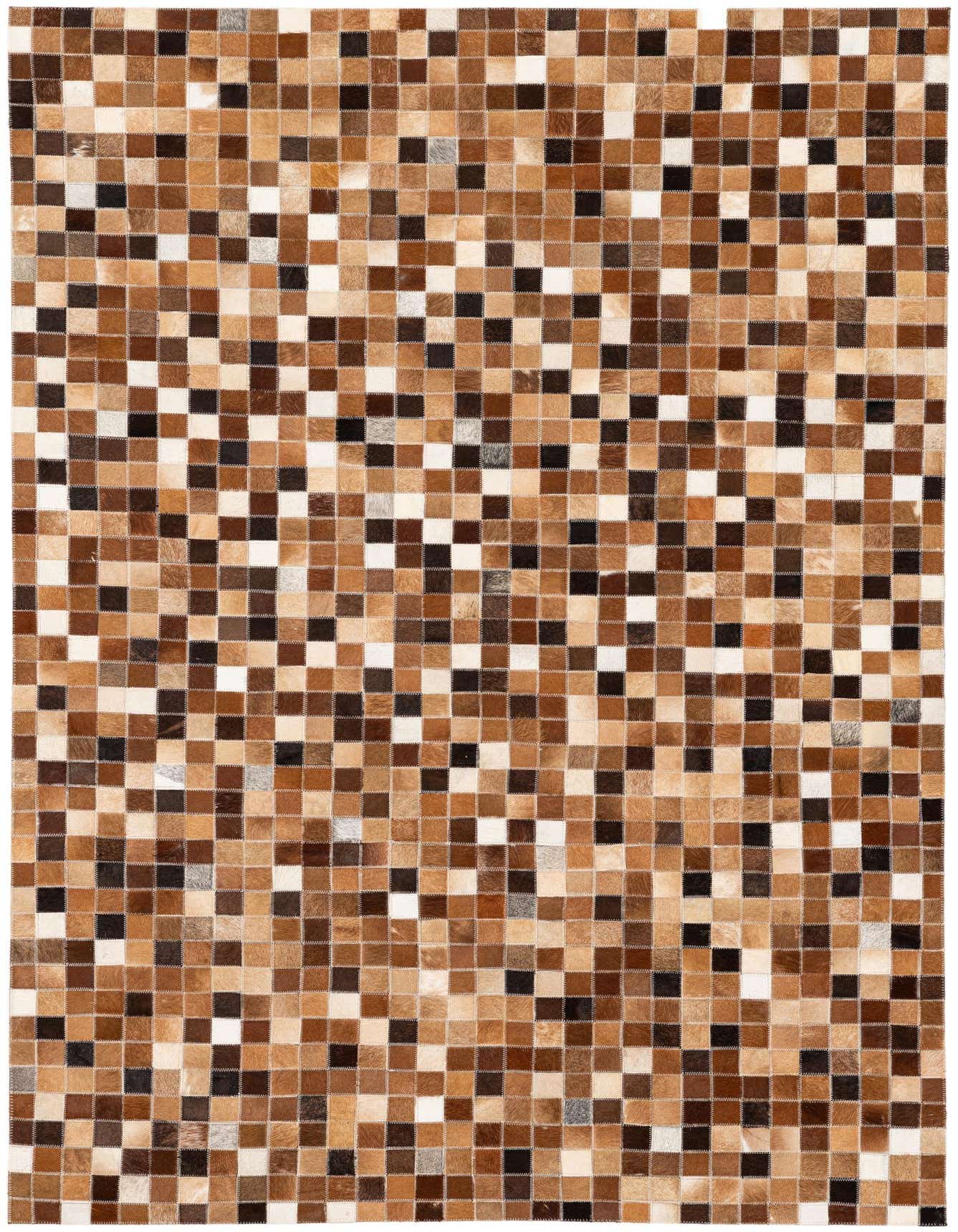 A 4x6 rectangular modern rug made from multi-colored cowhide and leather patches, perfect for a living room.