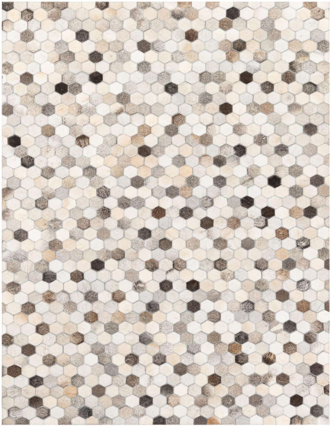 A 4x6 rectangular Cowhide Stocks rug featuring a modern honeycomb pattern in multi-colored natural cowhide and leather patches.