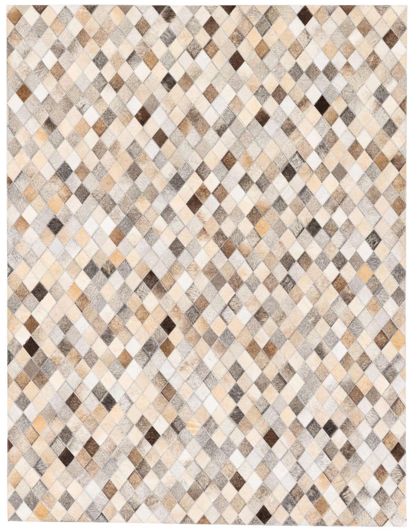 A 4x6 rectangular Cowhide Stocks rug featuring a modern diamond patchwork pattern in multi-colored natural cowhide and leather.