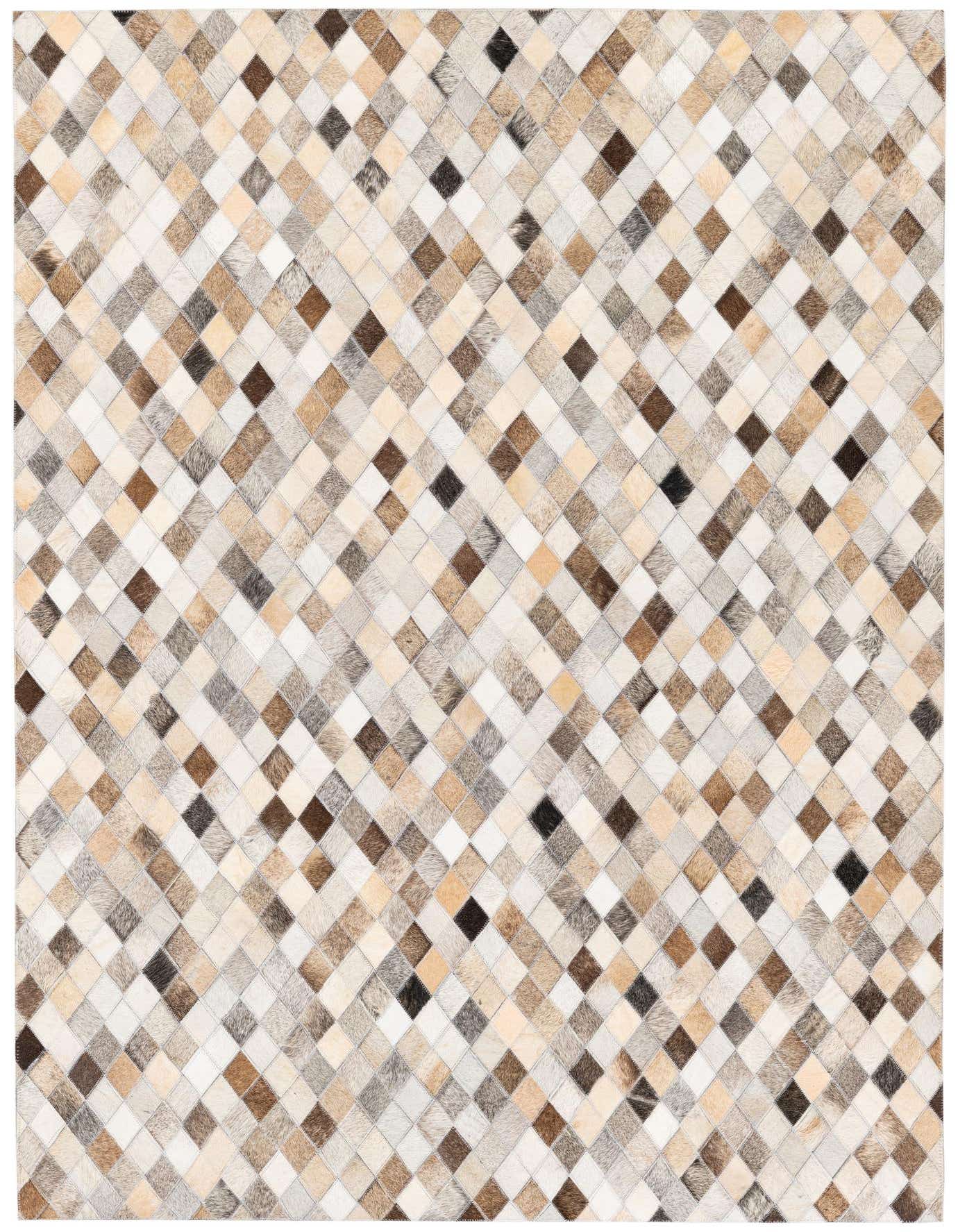 A 4x6 rectangular Cowhide Stocks rug featuring a modern diamond pattern in multi-colored natural cowhide and leather.