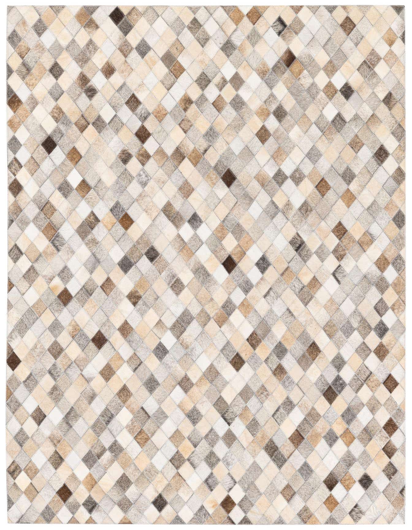 A 4x6 rectangular modern cowhide rug with a multi-colored diamond patchwork pattern in shades of brown, beige, and white.